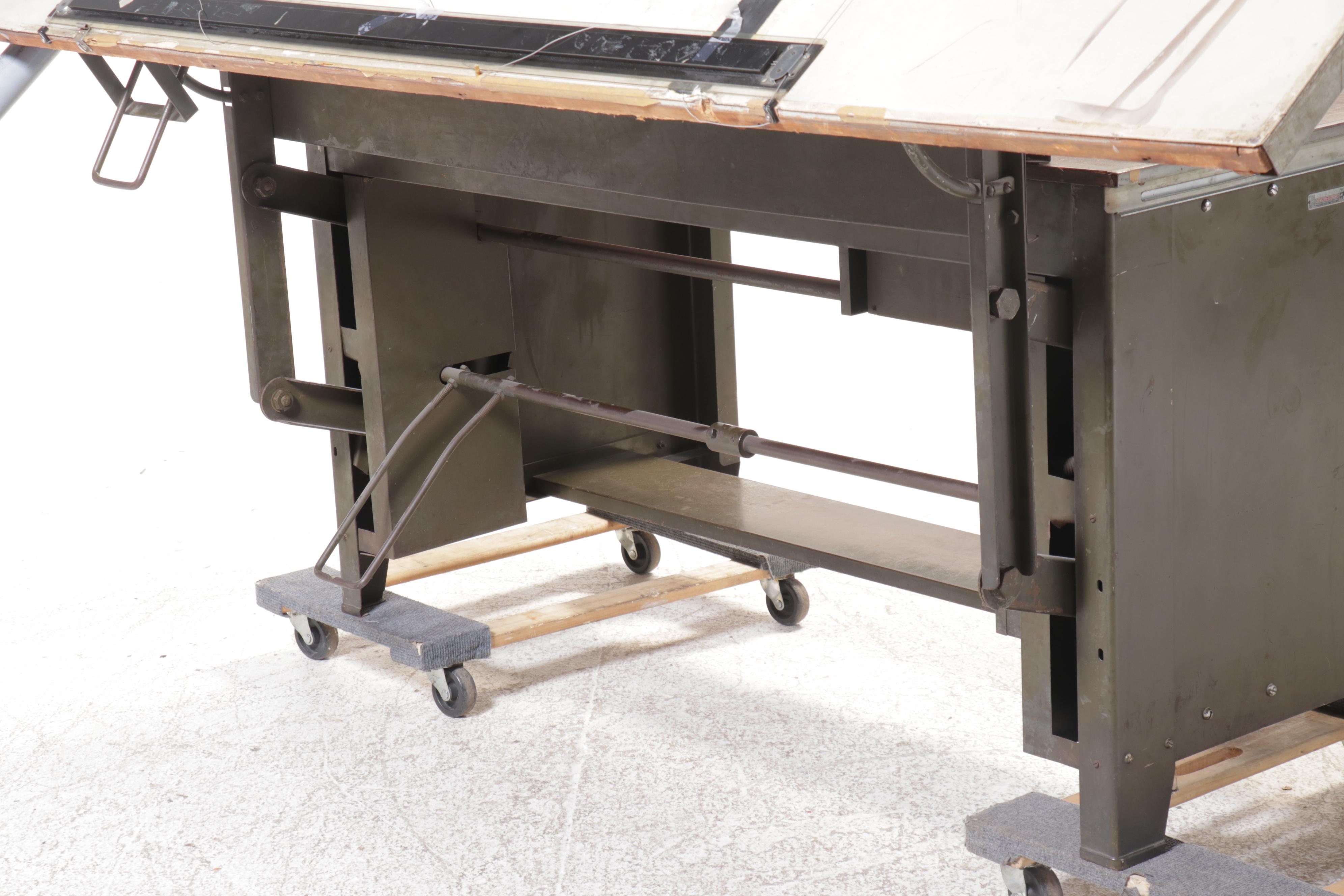Industrial Drafting Desk with Paper Drawers and Tilting Draft Board, Vintage