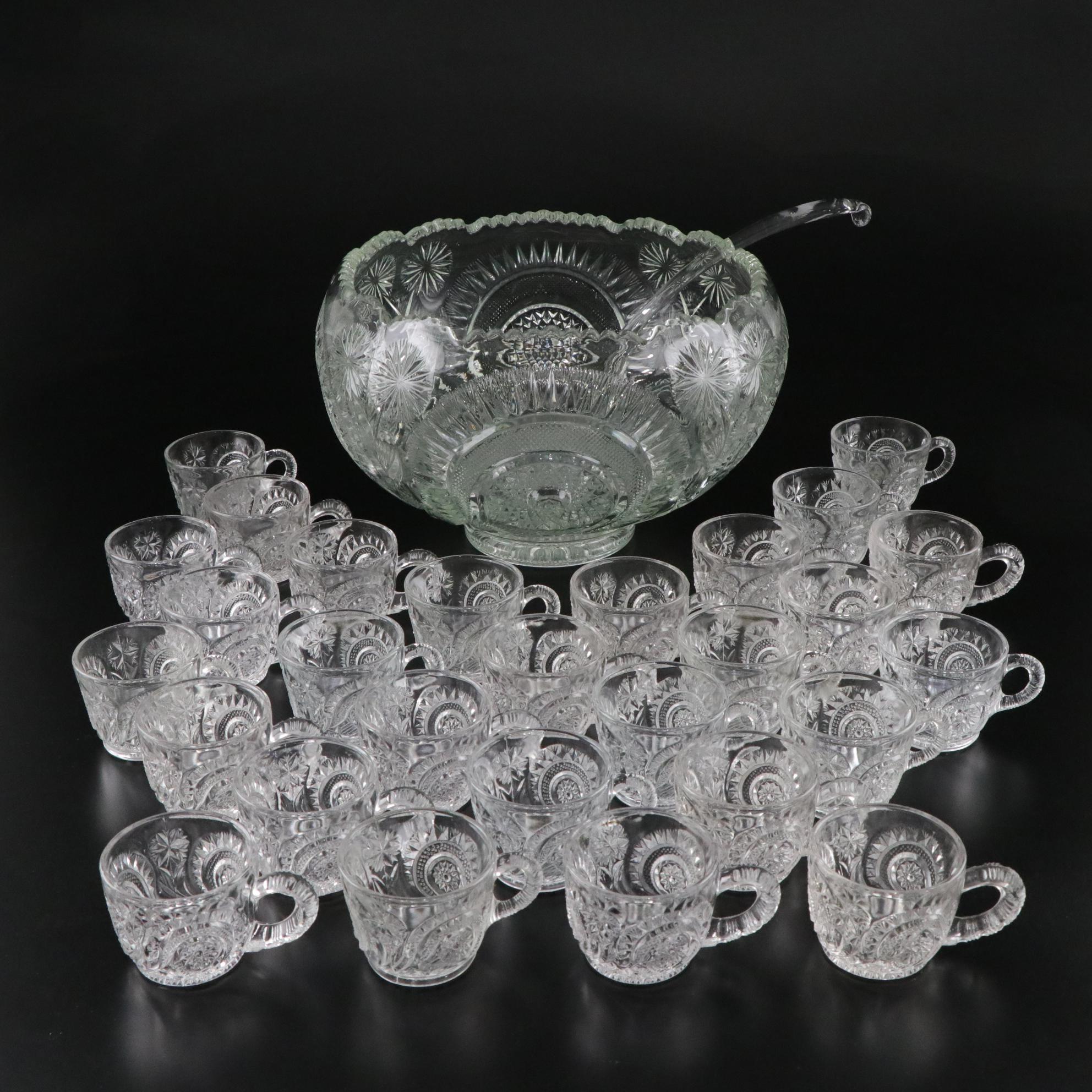 L.E.Smith EAPG "Pinwheel and Stars" Punch Bowl with Cups and Ladle