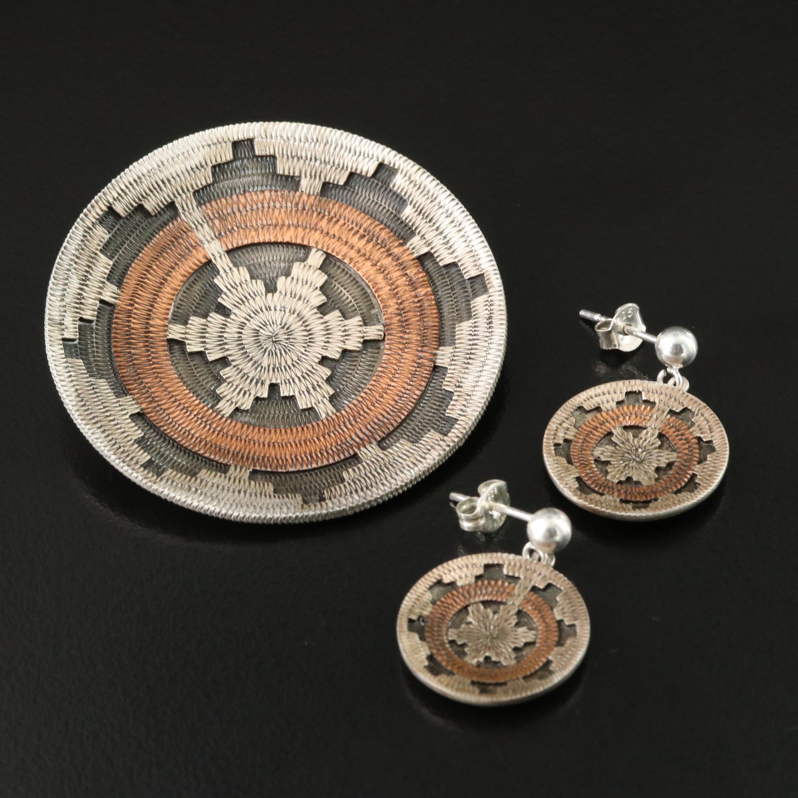 Roland Hogan Begay Navajo Diné Sterling & Copper Basket Brooch & Earrings Set