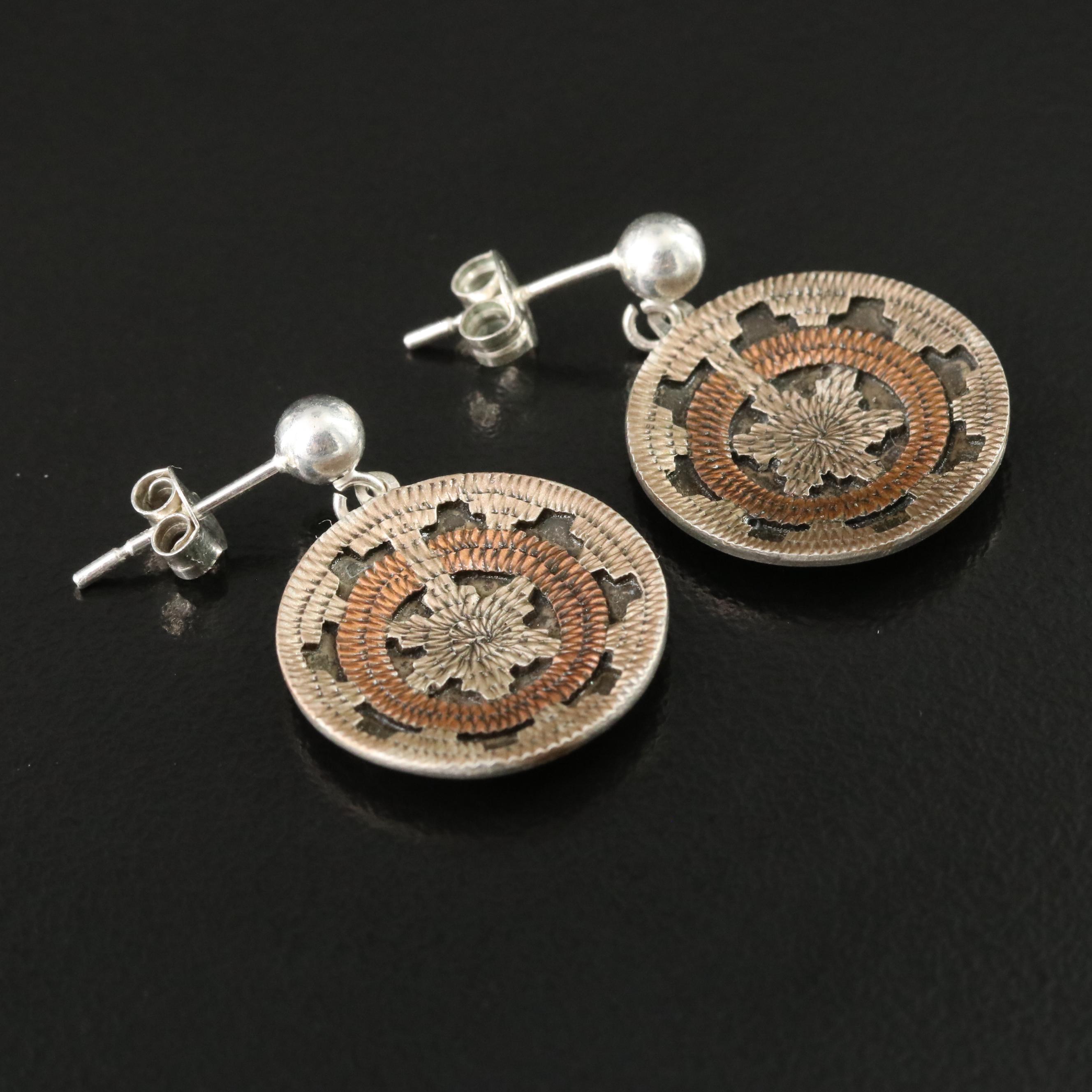 Roland Hogan Begay Navajo Diné Sterling & Copper Basket Brooch & Earrings Set