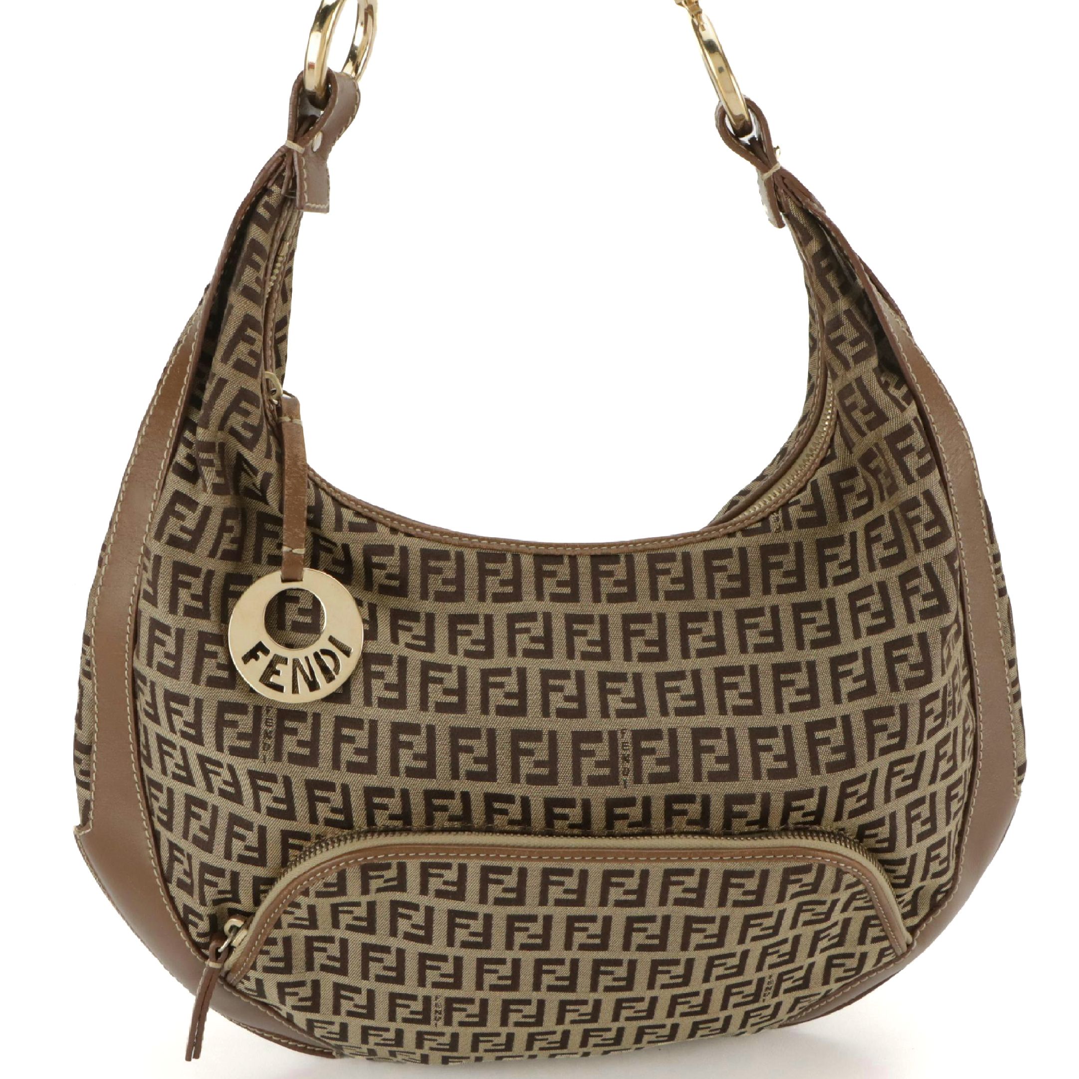 Fendi Front Pocket Hobo Shoulder Bag in Zucchino Jacquard Canvas and Leather