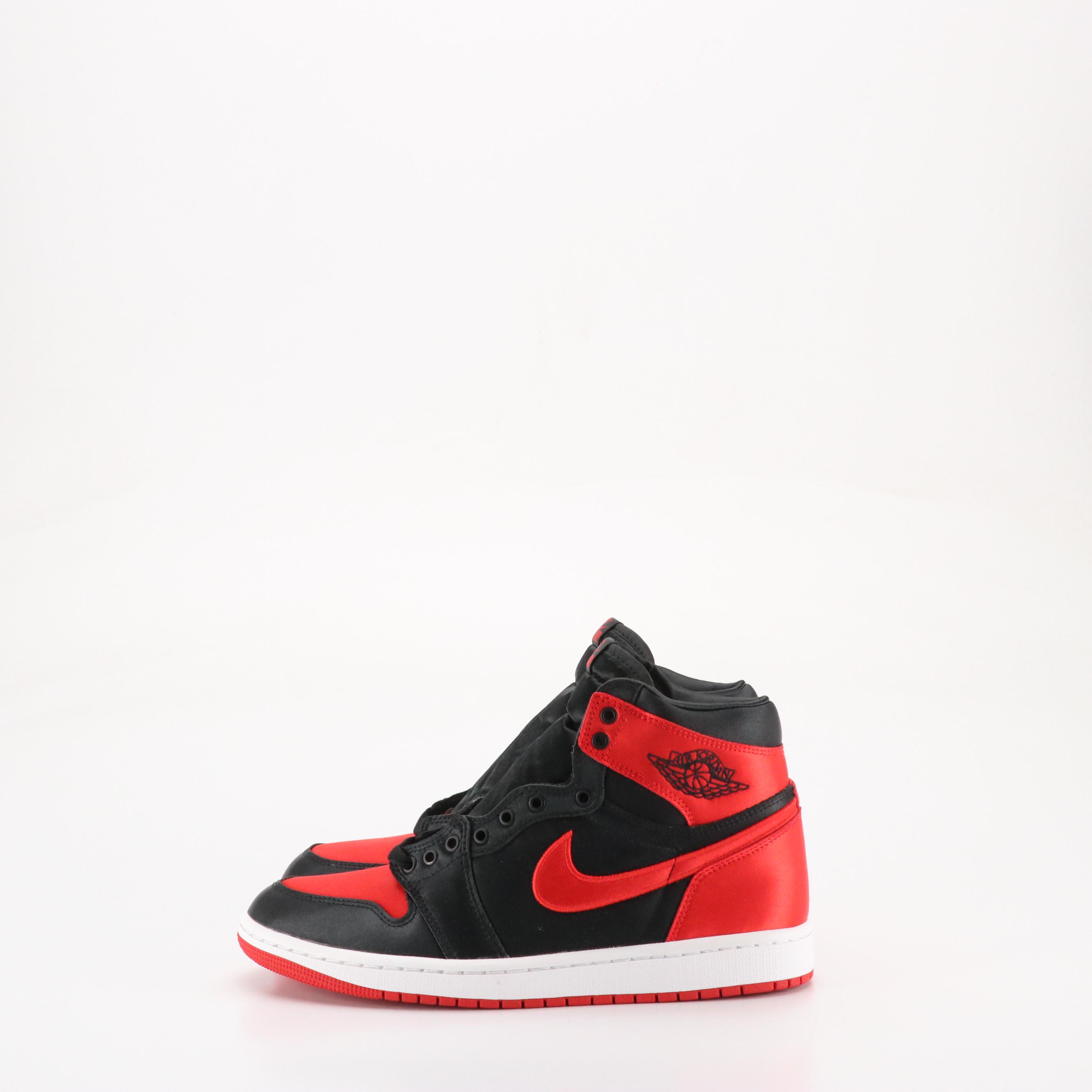 Nike Air Jordan 1 Retro High OG Sneakers in Black/University Red Satin, With Box