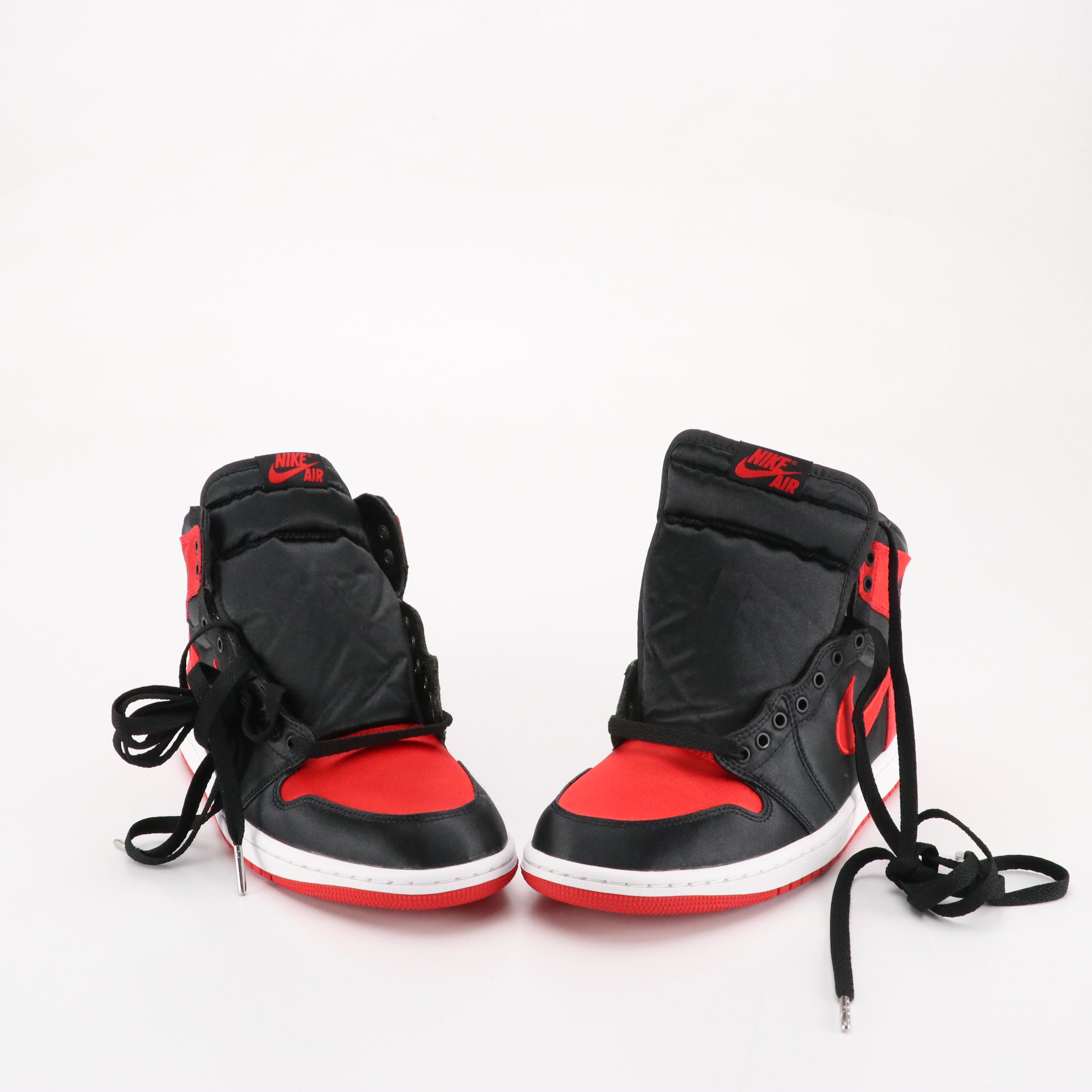 Nike Air Jordan 1 Retro High OG Sneakers in Black/University Red Satin, With Box