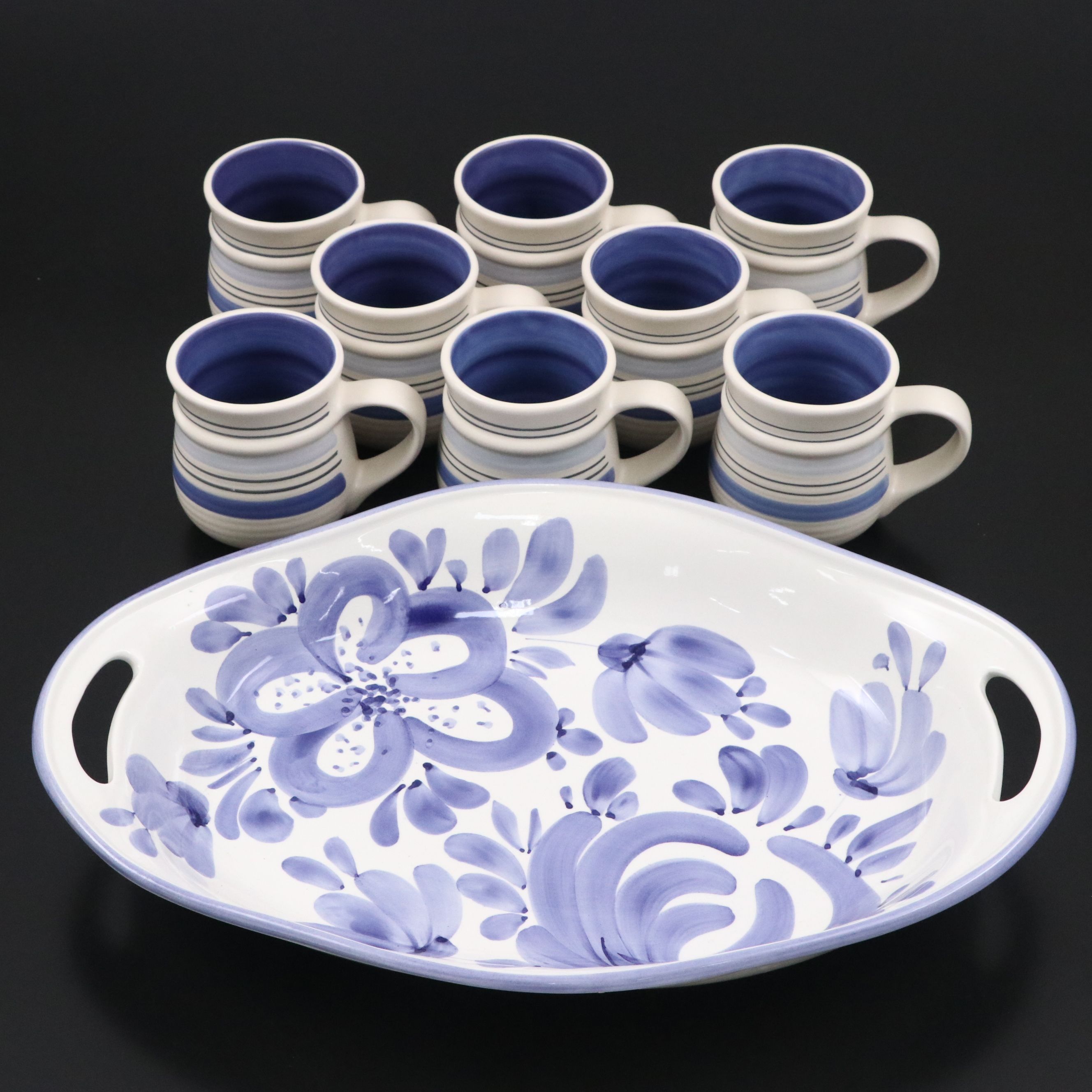 Pfaltzgraff "Rio" Hand Painted Ceramic Mugs with Handled Serving Tray