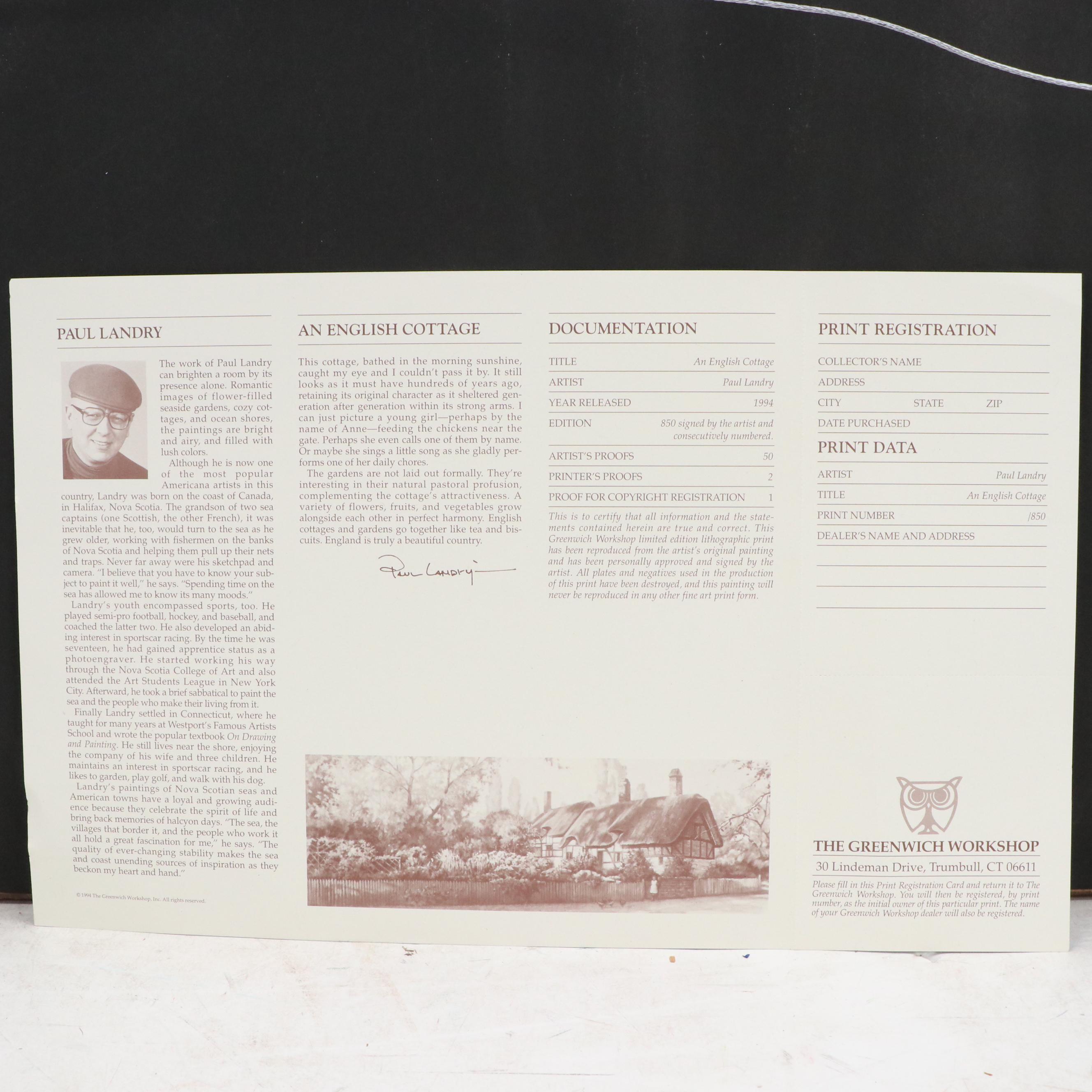 Paul Landry Offset Lithograph "An English Cottage," 1994