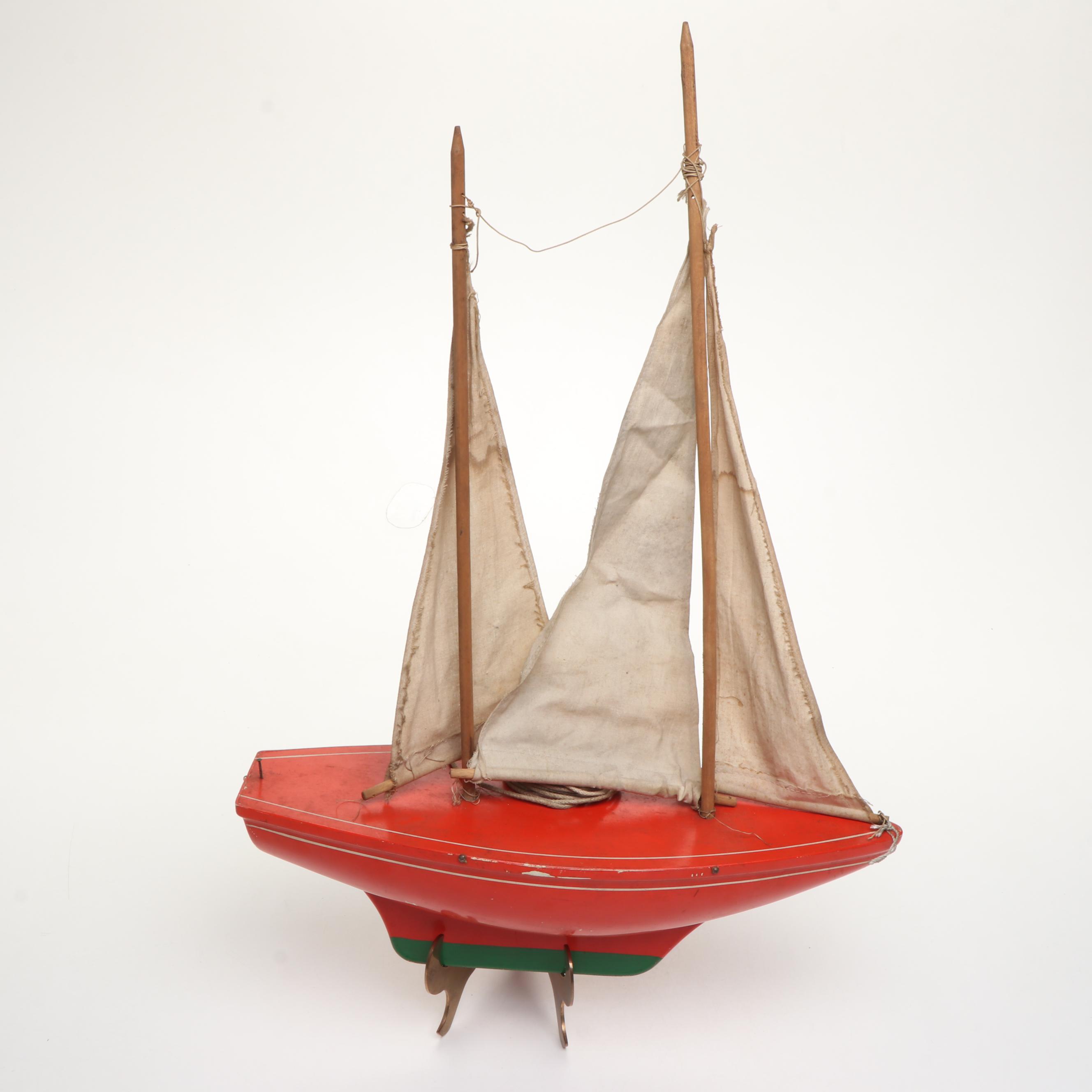 Paint-Decorated Wood Model Sailboat with Metal Stand