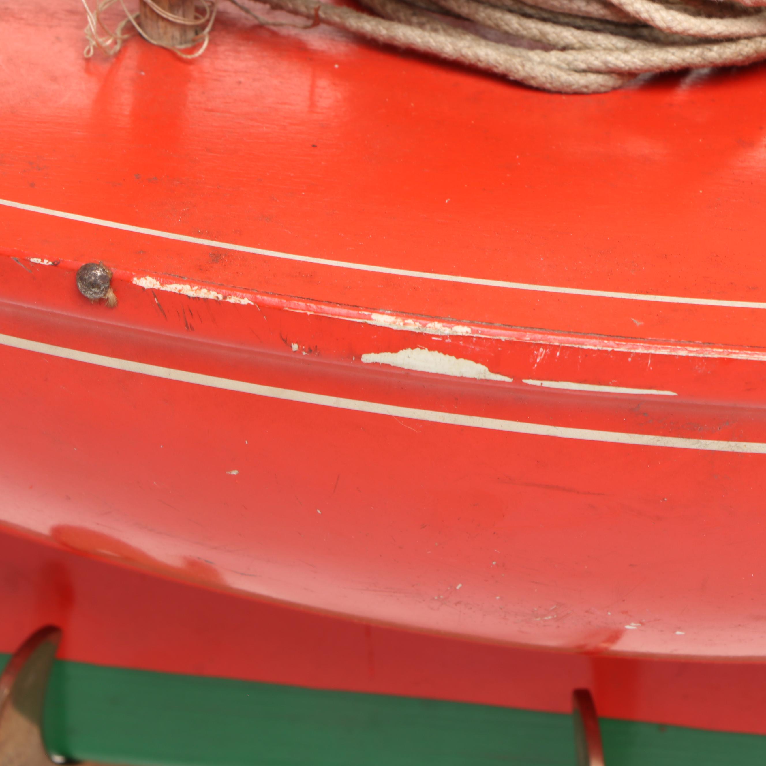 Paint-Decorated Wood Model Sailboat with Metal Stand