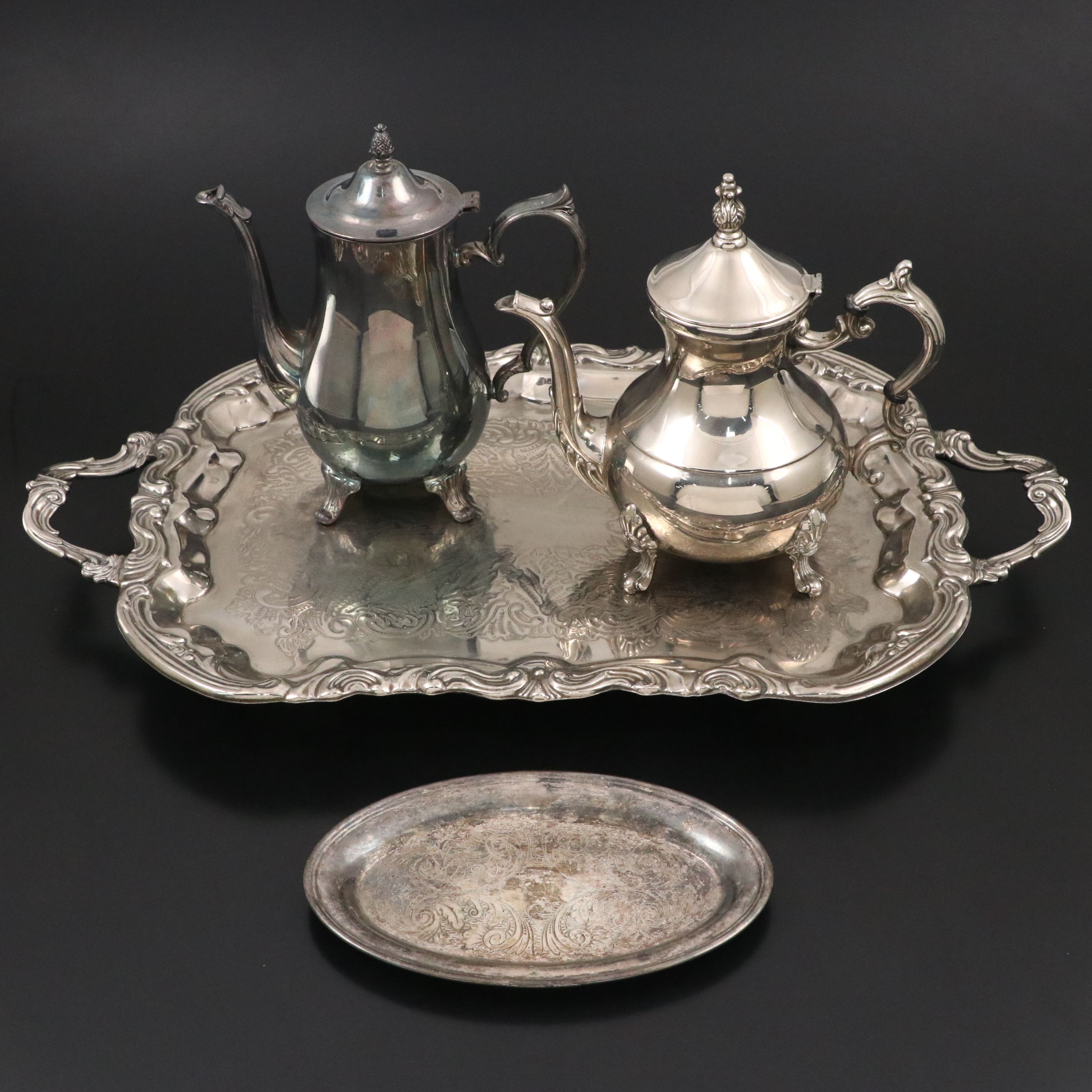Victorian Style Silver Plate Footed Tray with Other Table Accessories