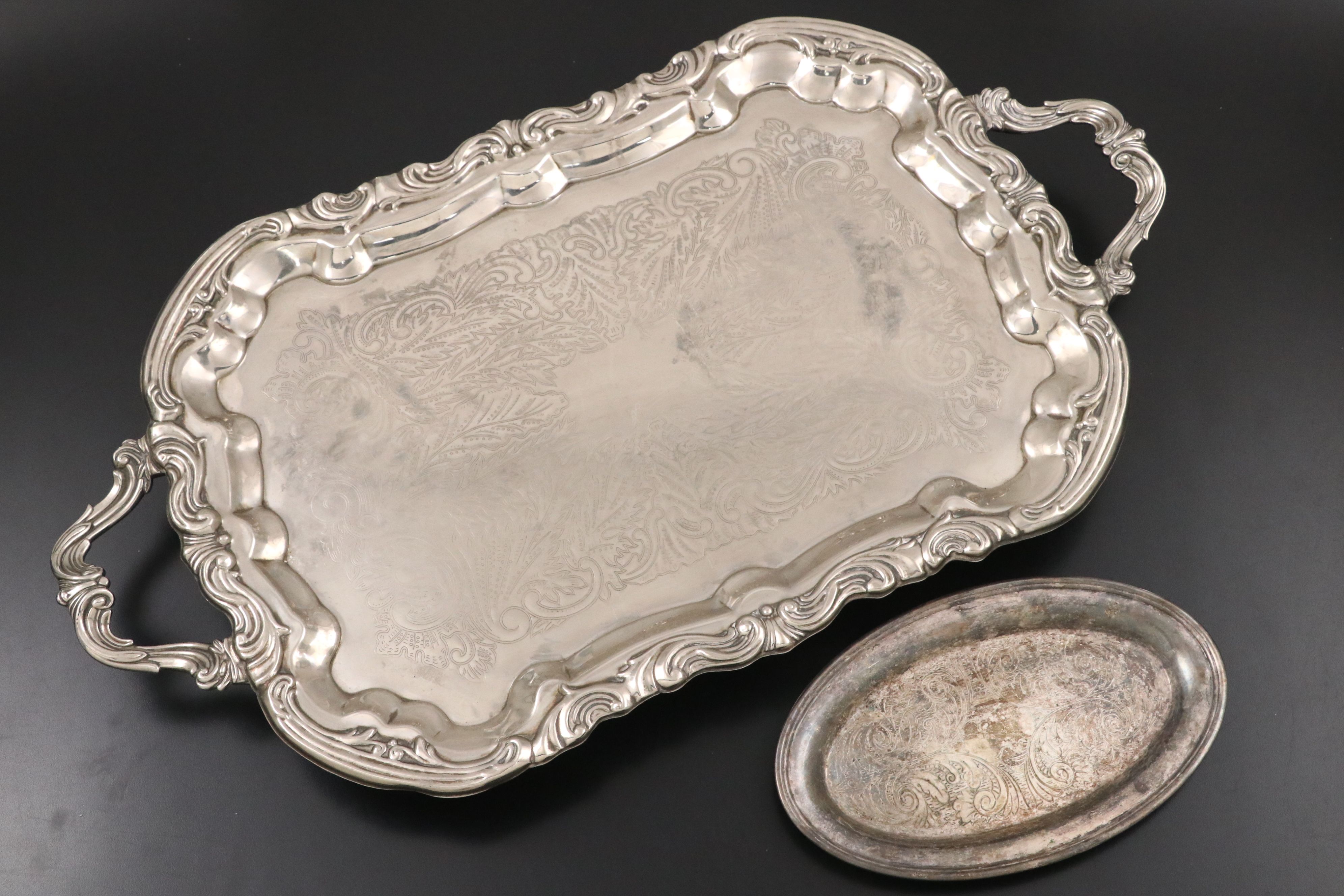 Victorian Style Silver Plate Footed Tray with Other Table Accessories