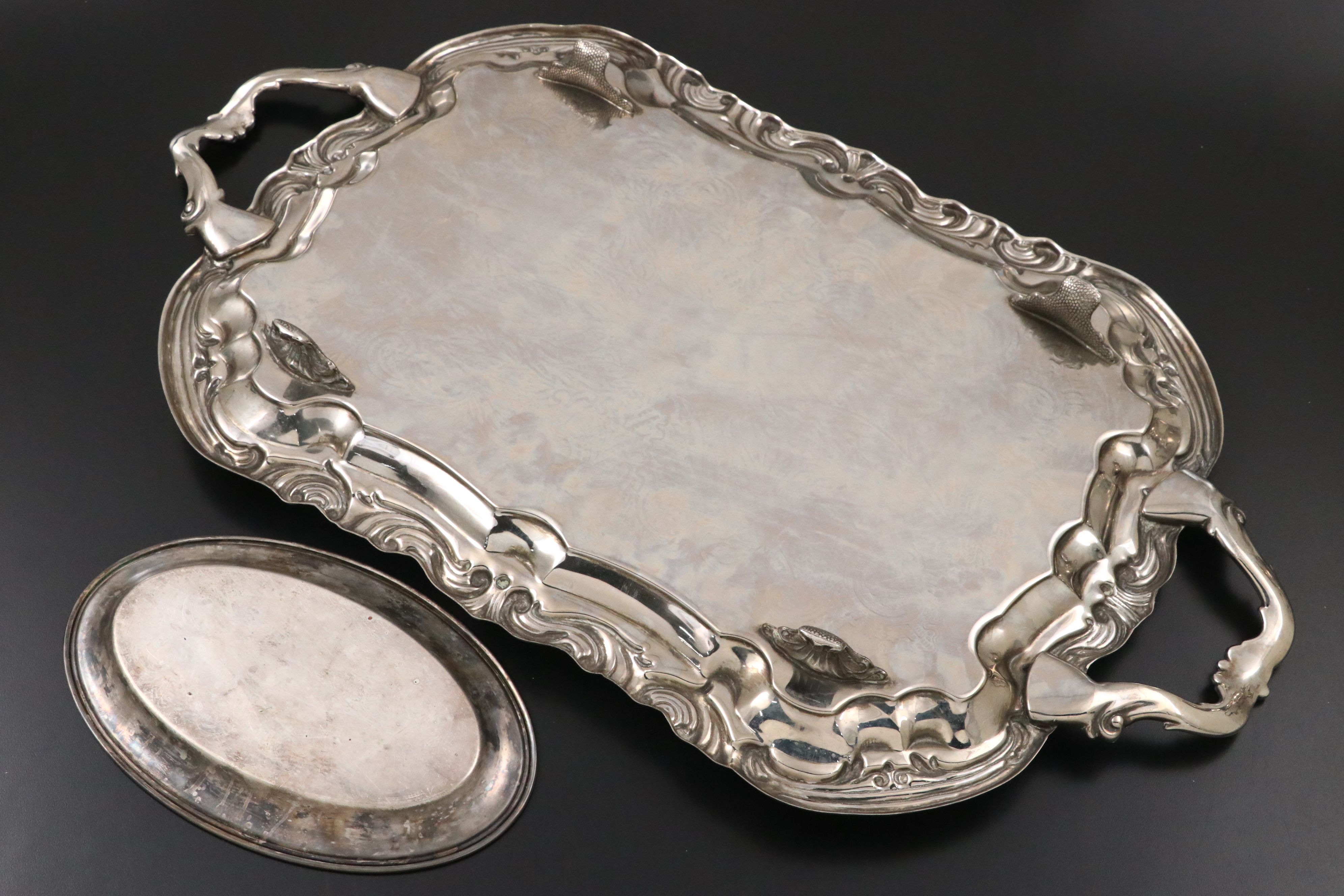 Victorian Style Silver Plate Footed Tray with Other Table Accessories