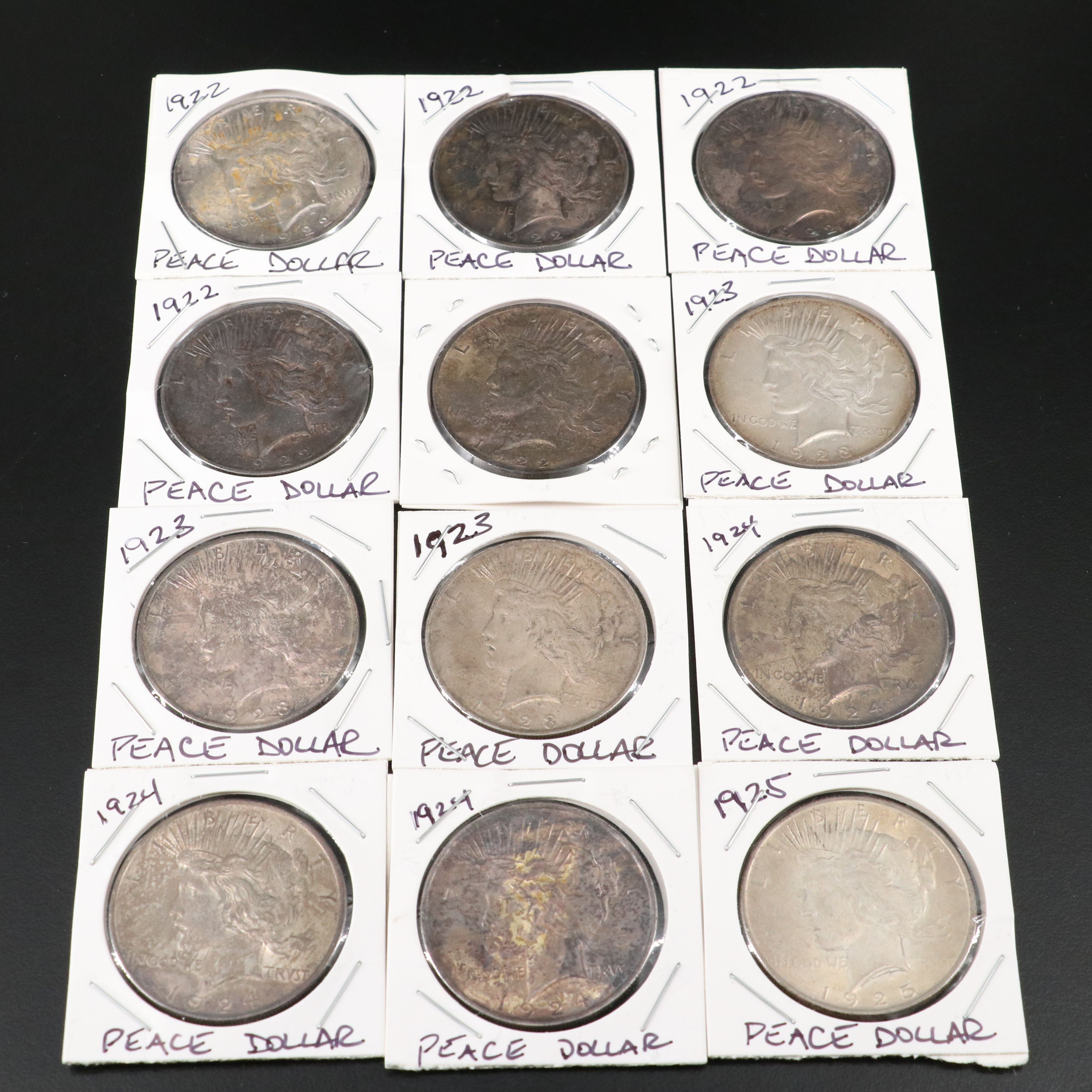 Twelve Peace Silver Dollars, 1922 to 1925