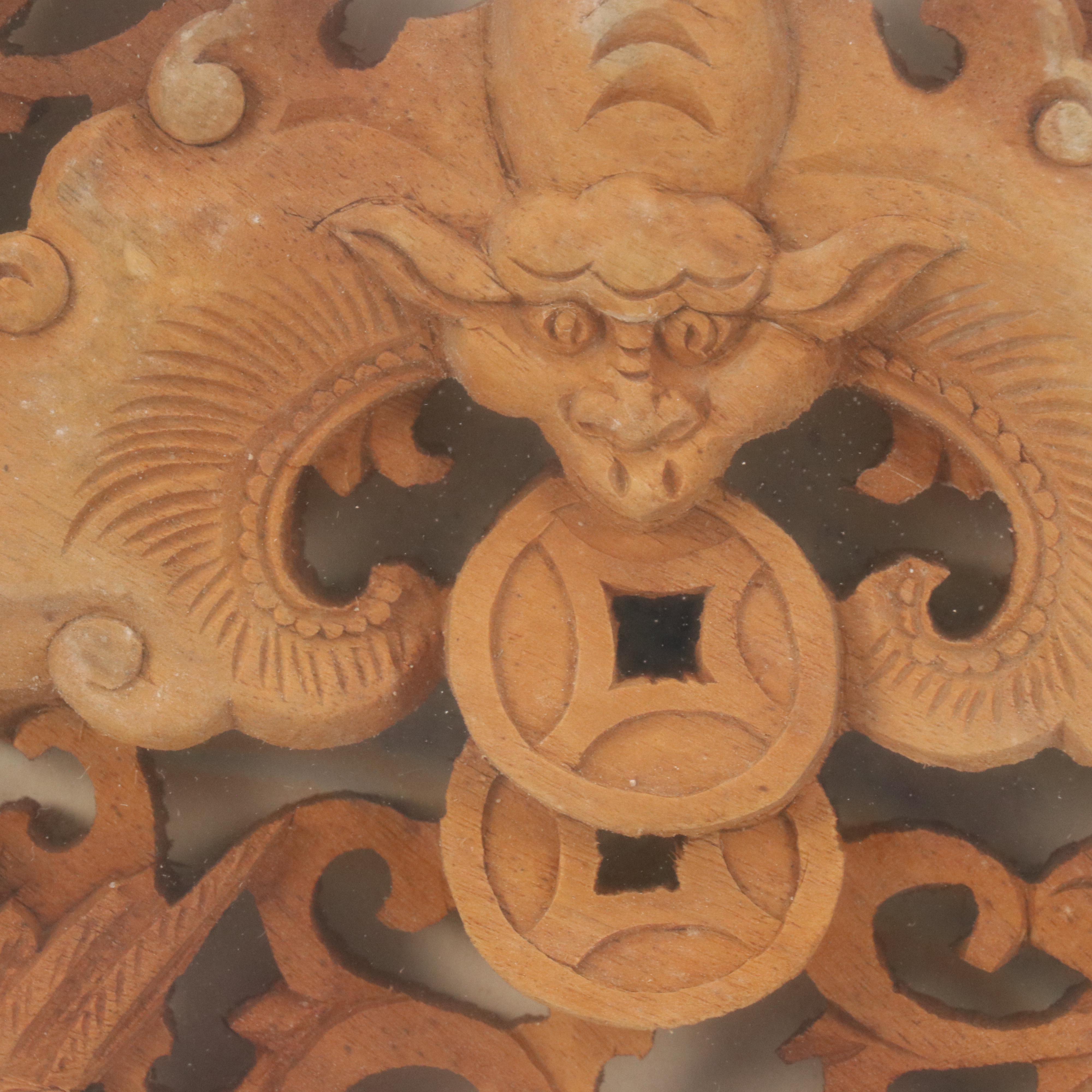 Chinese Carved Wood Panel with Dragons, Phoenixes, and Flower Motifs