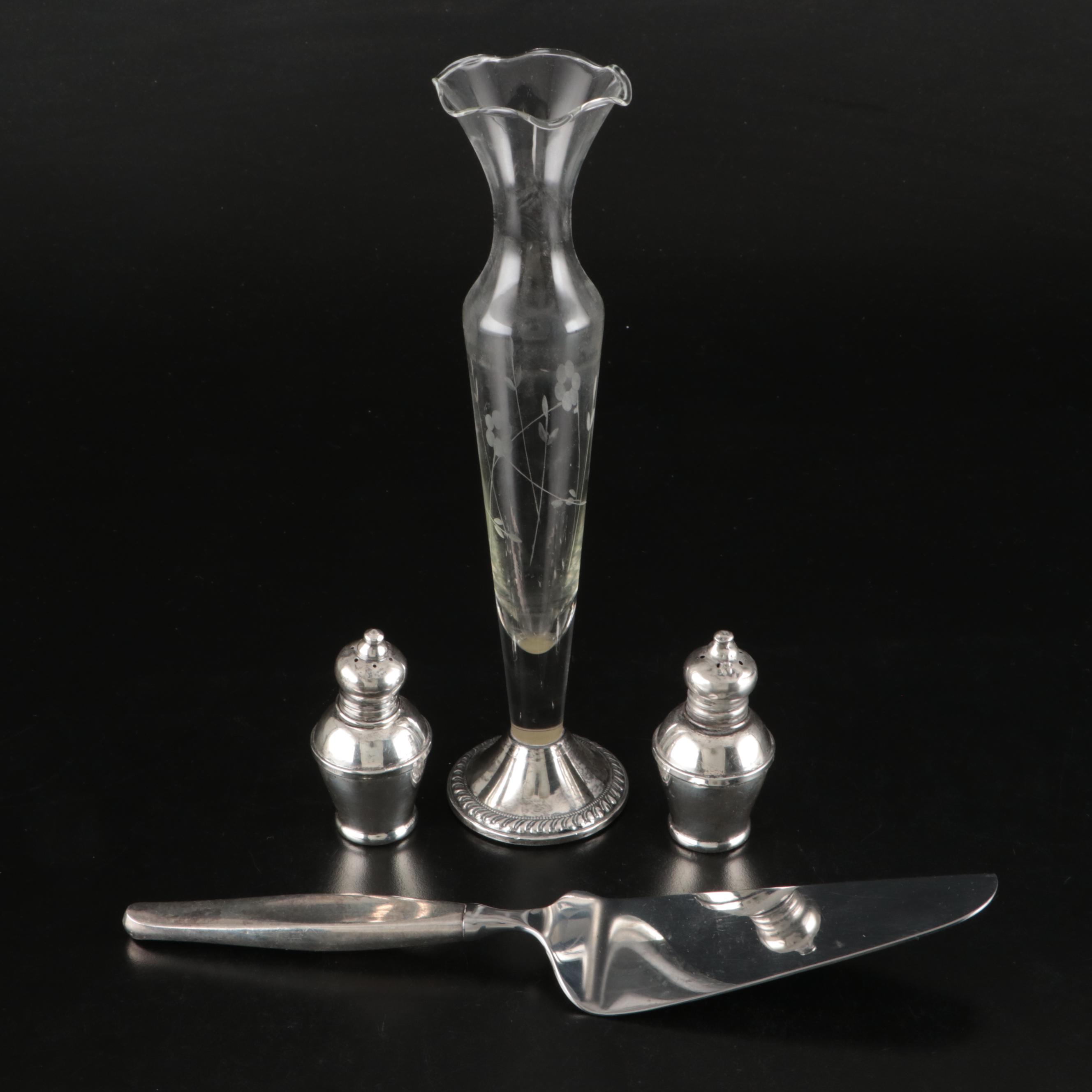 Towle Sterling Handled Pie Server, Duchin Sterling Vase, and Sterling Shakers