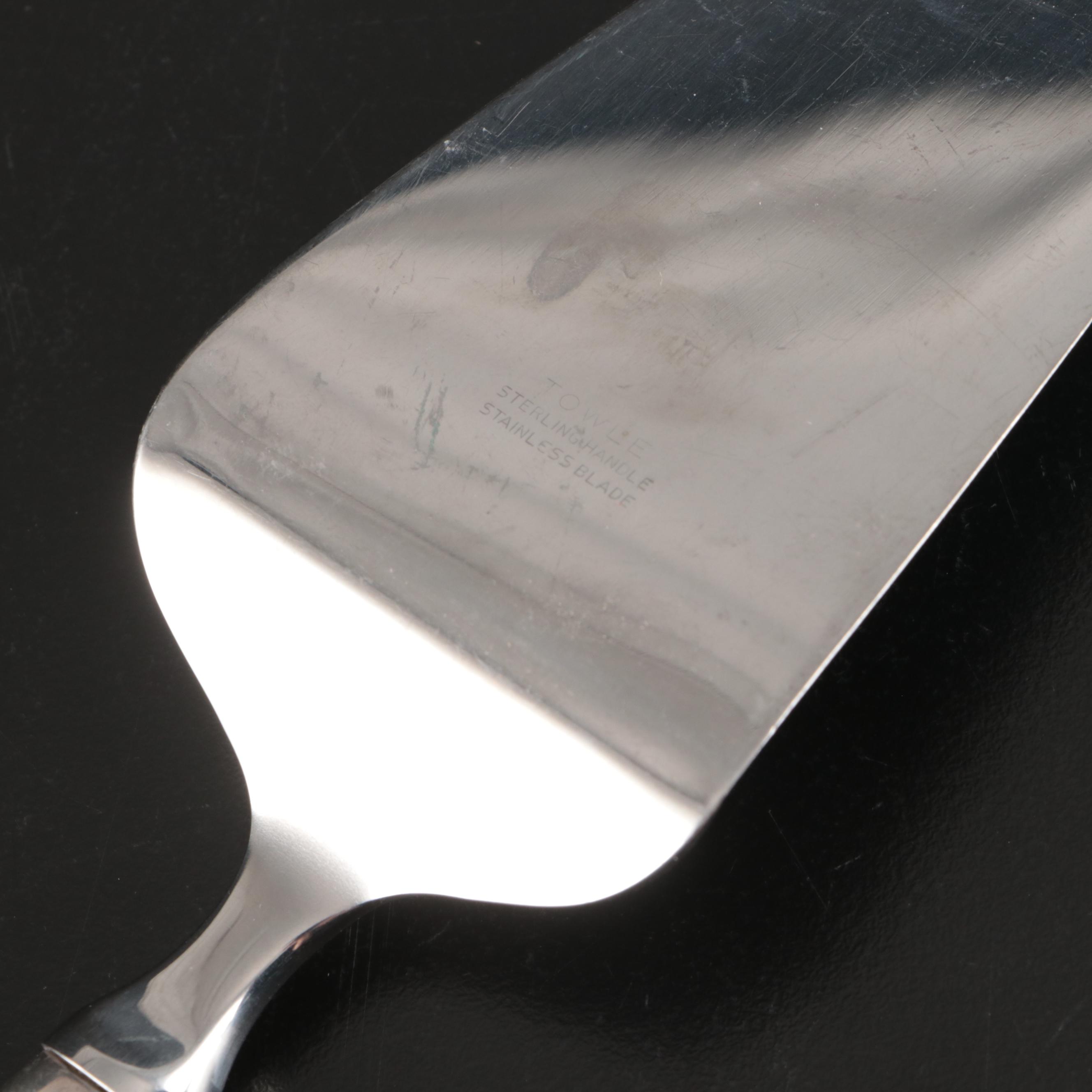 Towle Sterling Handled Pie Server, Duchin Sterling Vase, and Sterling Shakers