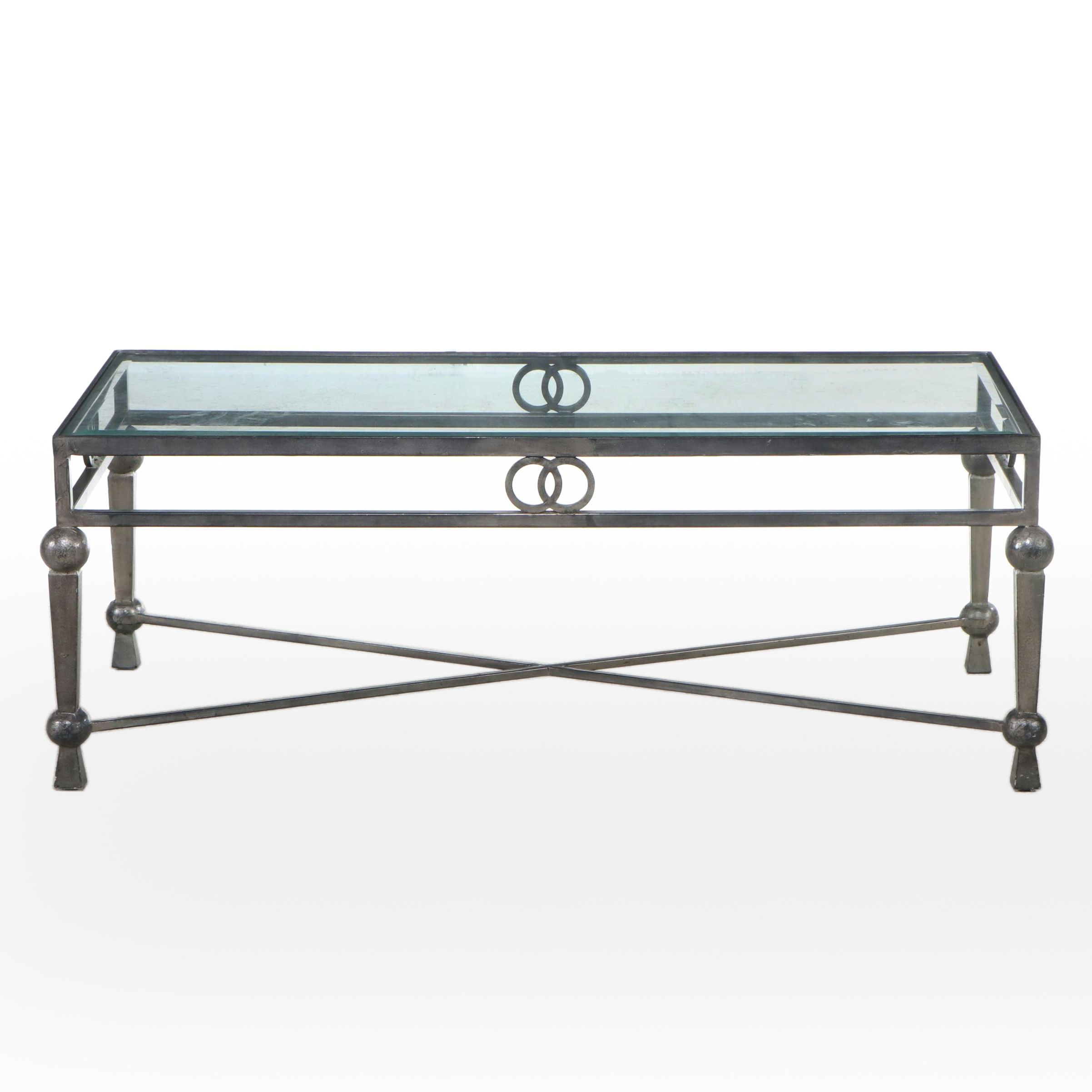 Contemporary Forged Metal Coffee Table with Glass Top