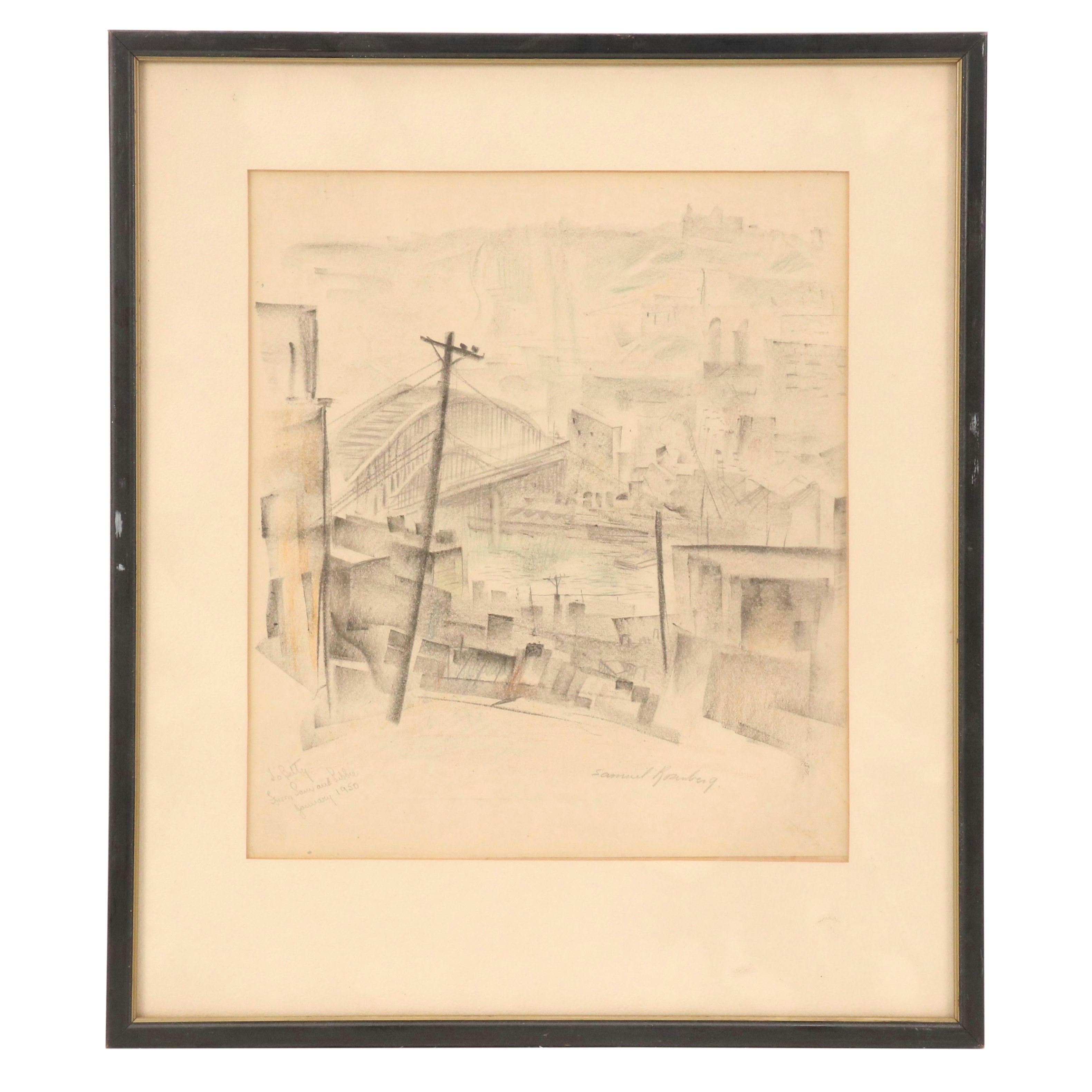 Samuel Rosenberg Cityscape Graphite Drawing of River Scene, 1950