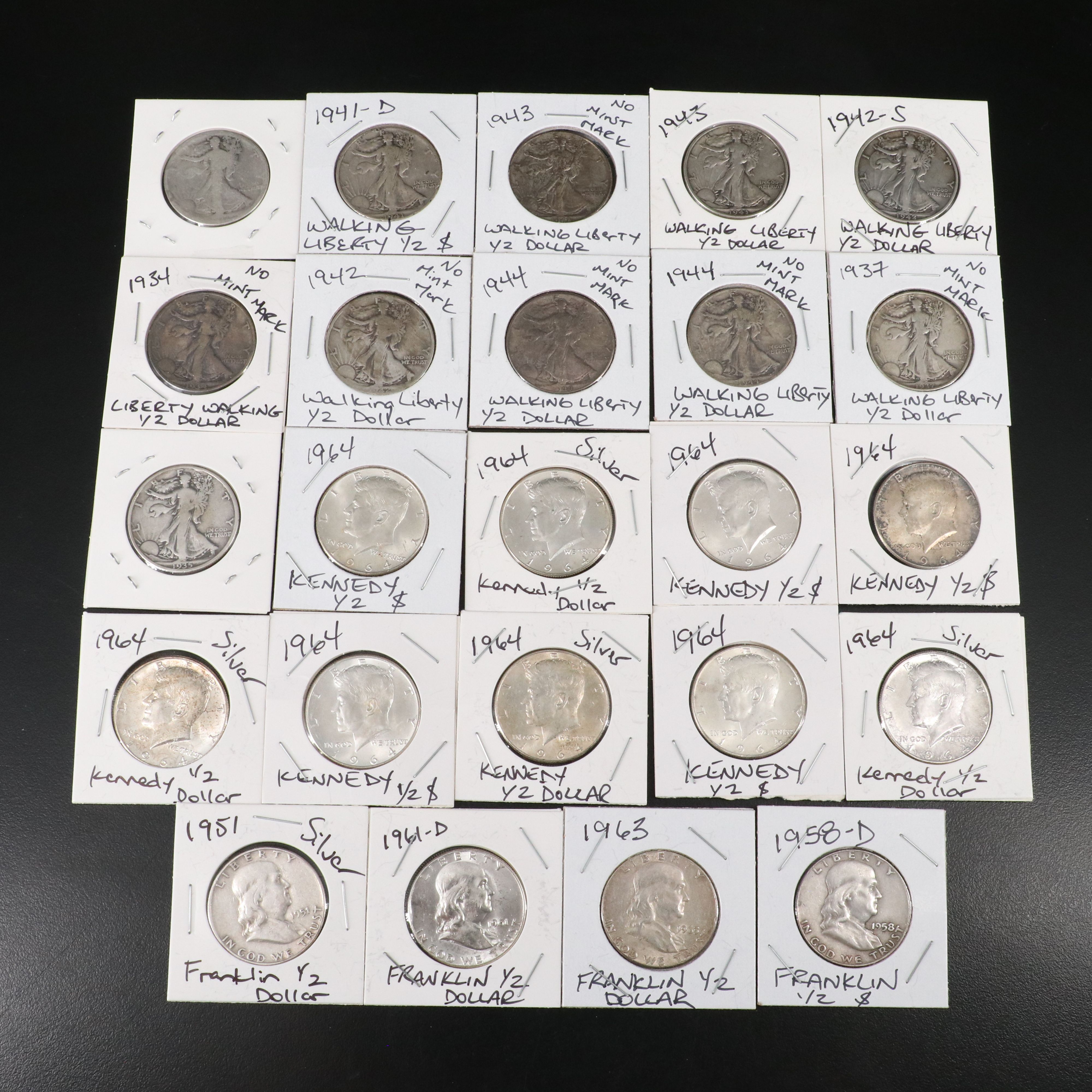 Twenty-Four Silver U.S. Half Dollars, Walking Liberty, Franklin, Kennedy