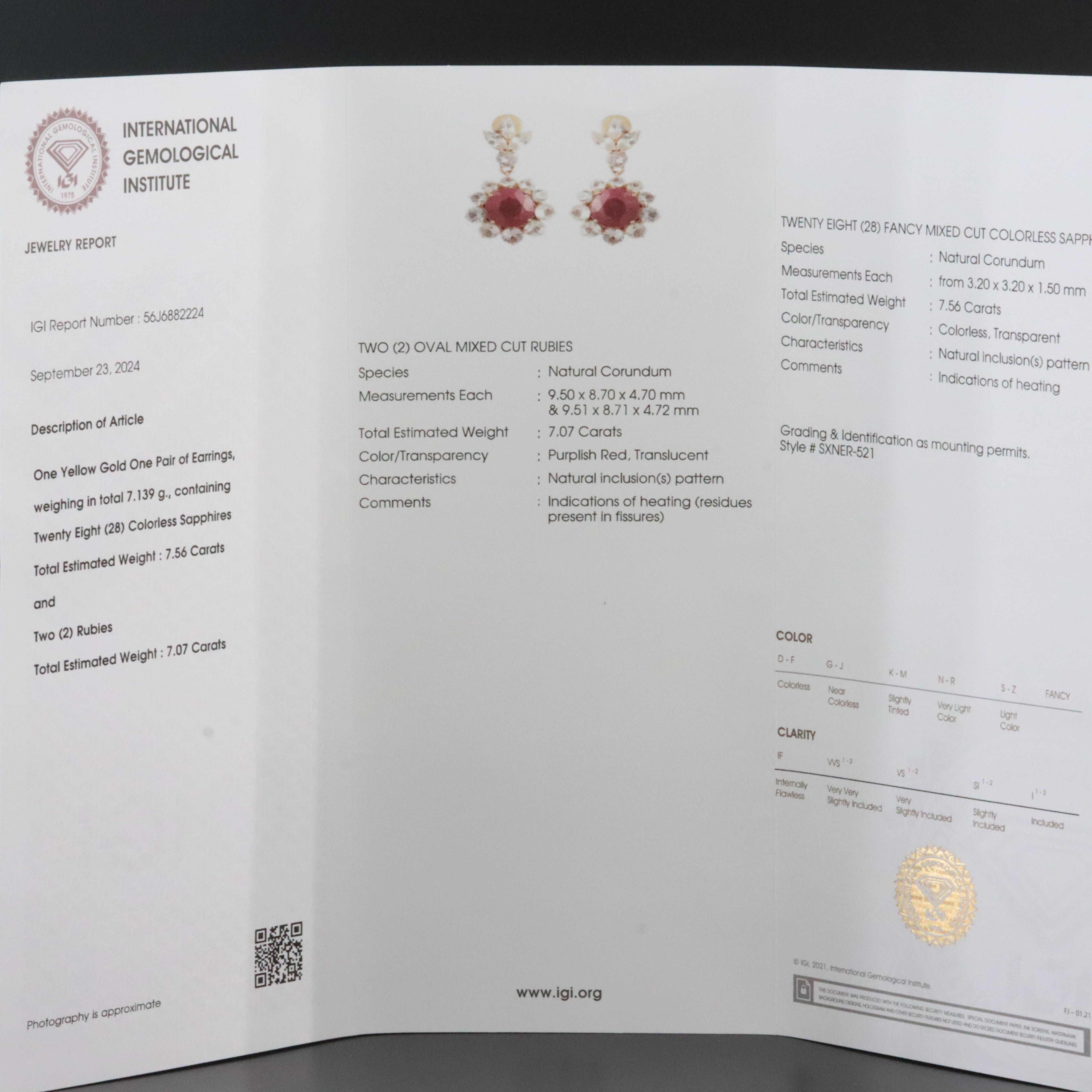 14K 7.07 CTW Ruby and White Sapphire Earrings with IGI Jewelry Report