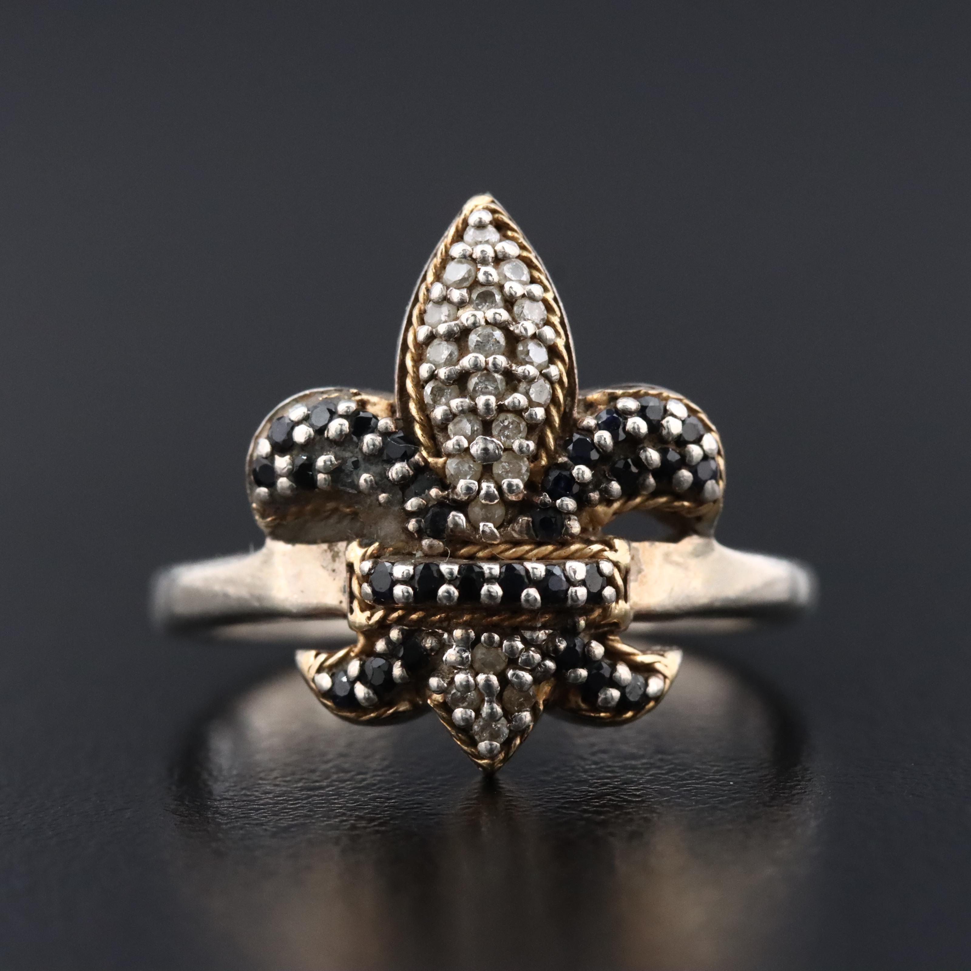 Phillip Gavriel Sterling Diamond and Sapphire Fleur-de-Lis Ring with 18K Accents