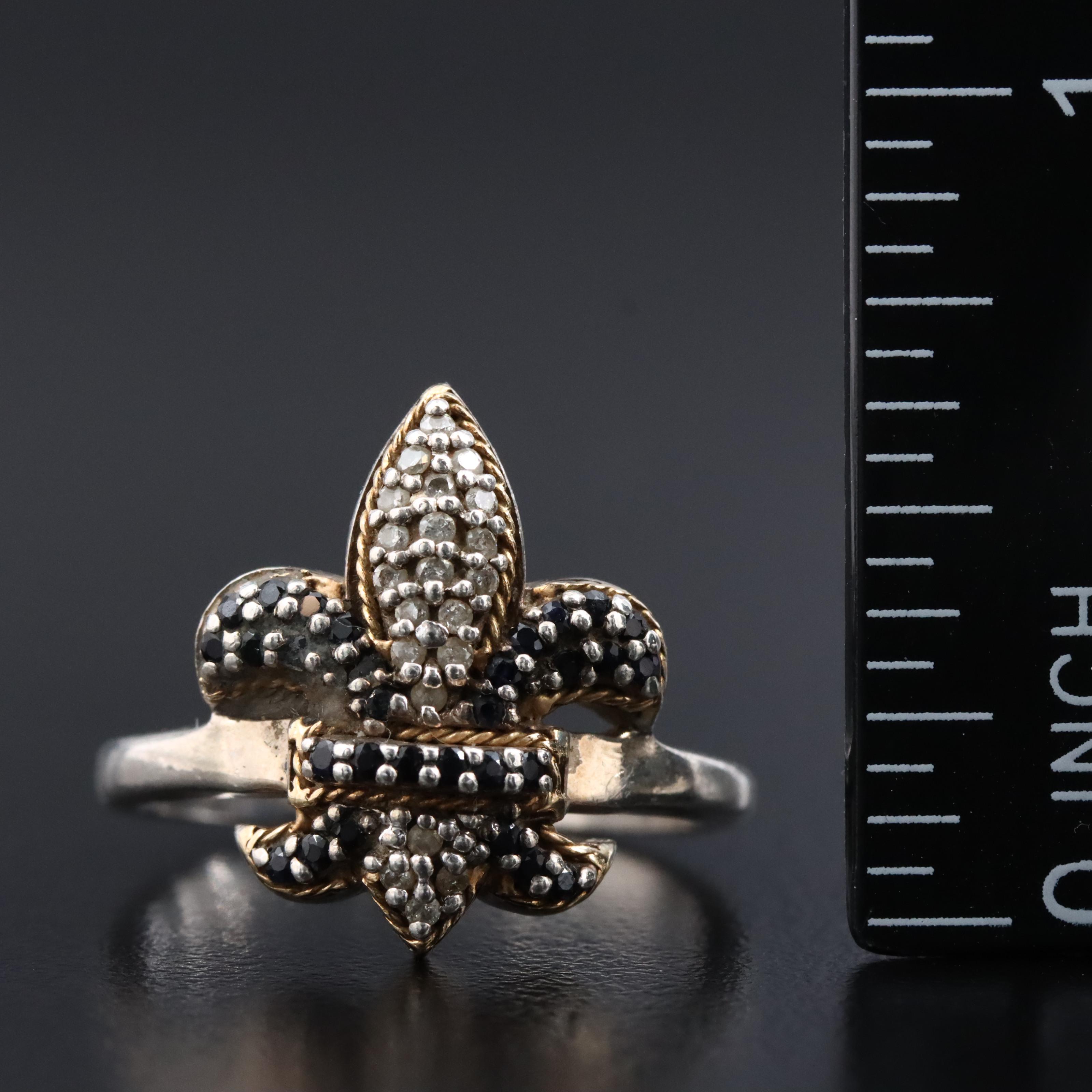 Phillip Gavriel Sterling Diamond and Sapphire Fleur-de-Lis Ring with 18K Accents