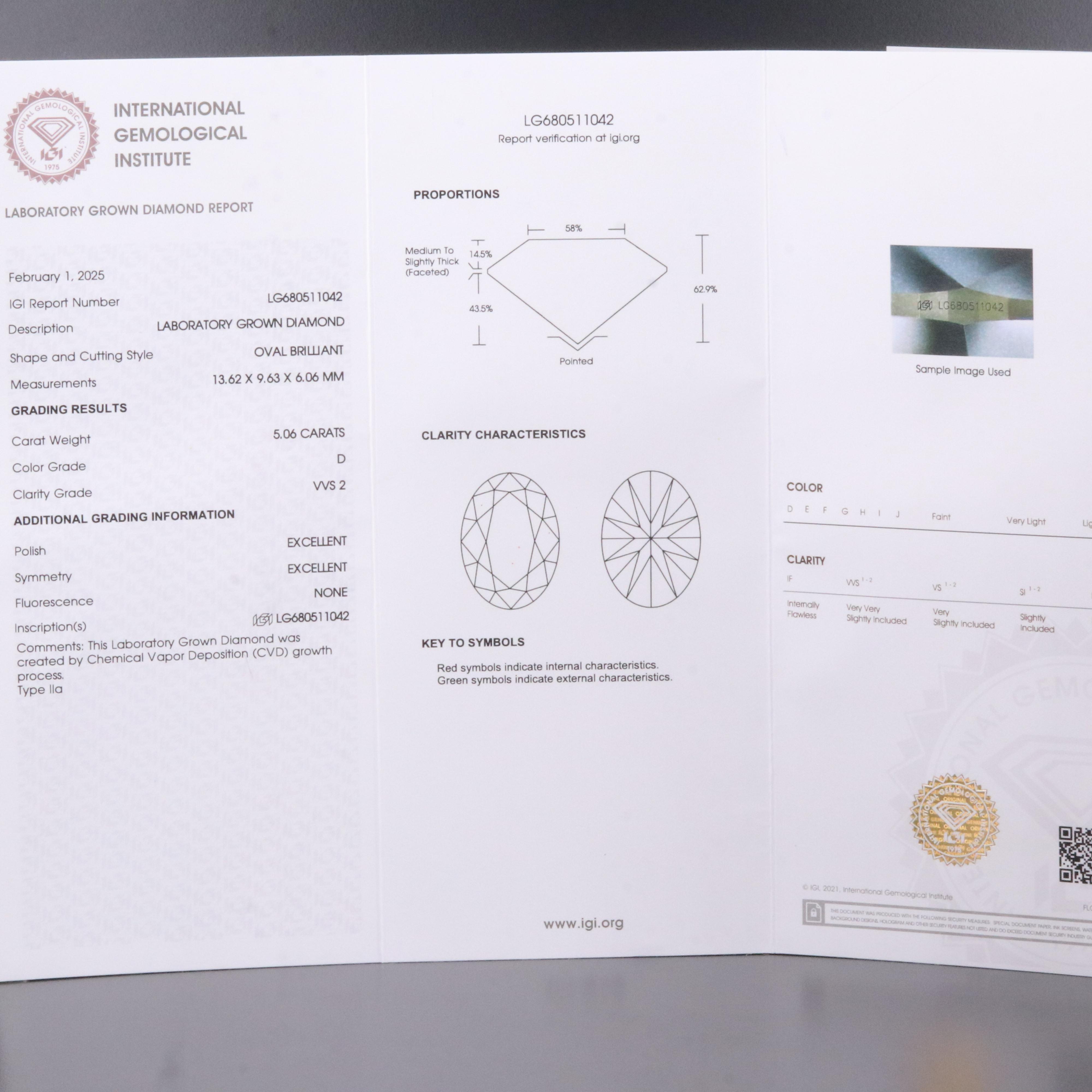 Loose 5.06 CT Lab Grown Diamond with IGI Report