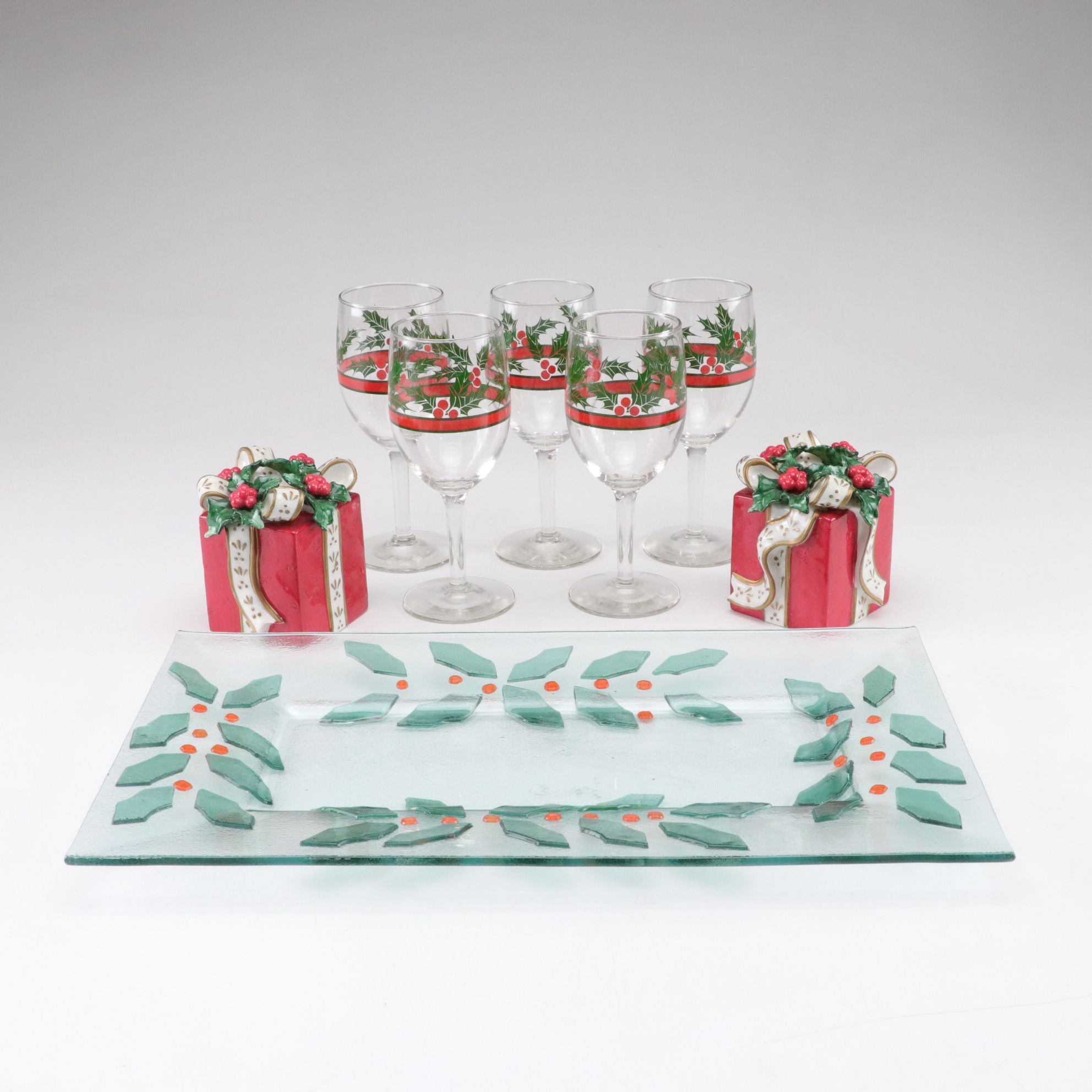 Fused Art Glass "Holly Leaf" Platter with Wine Glasses & "Gift Box" Candlesticks