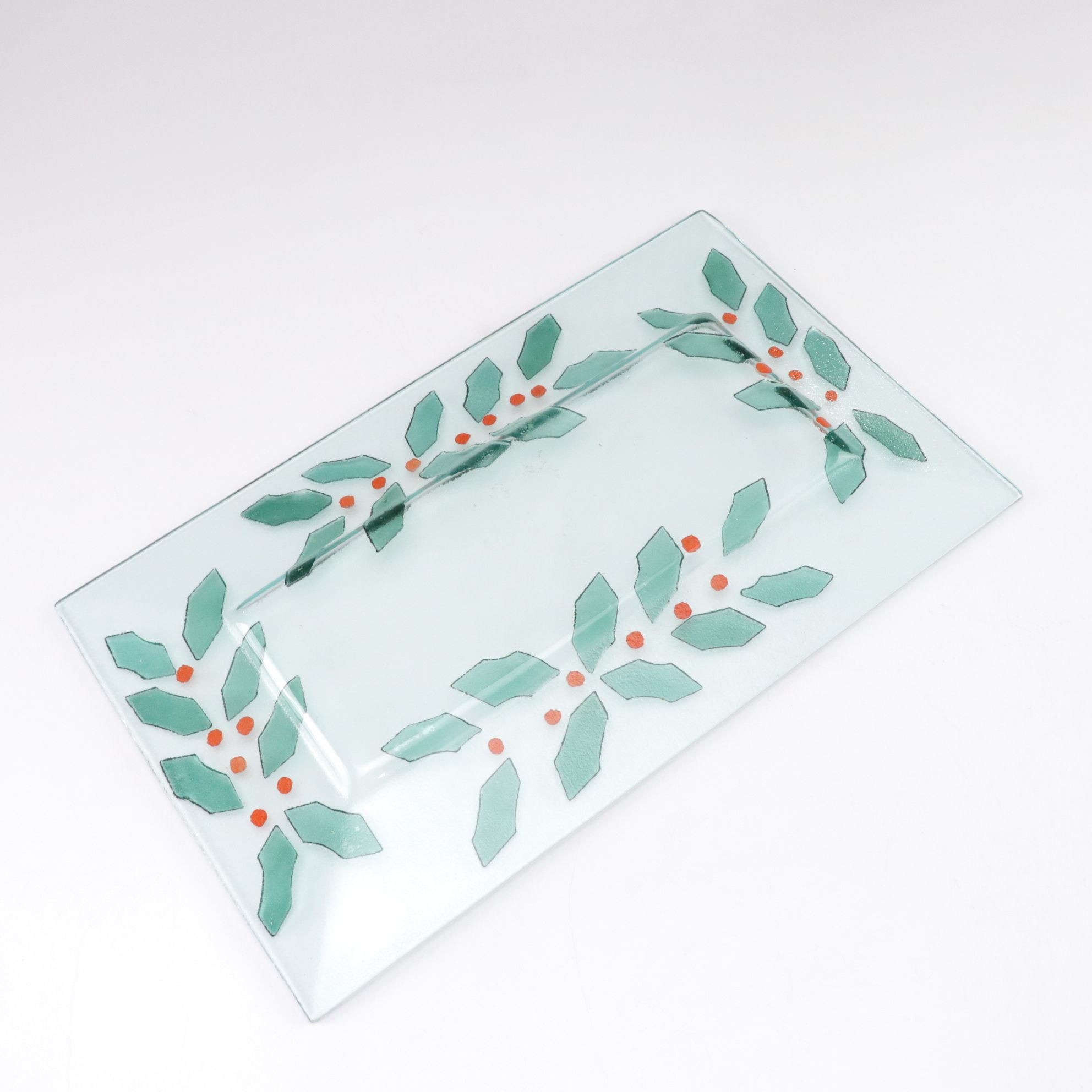 Fused Art Glass "Holly Leaf" Platter with Wine Glasses & "Gift Box" Candlesticks