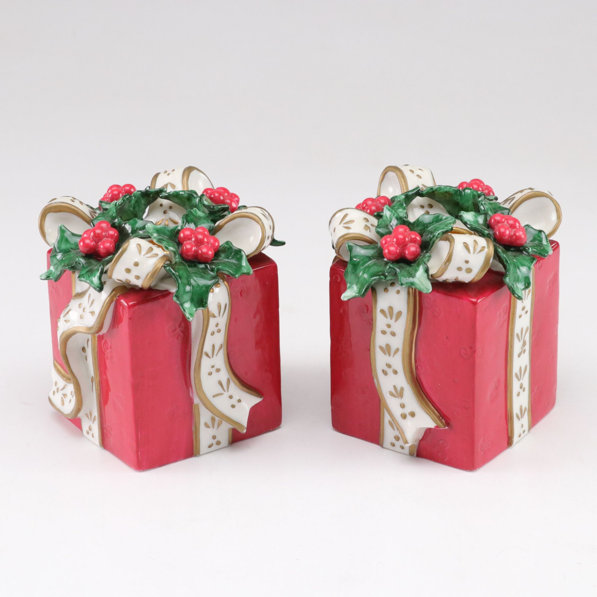 Fused Art Glass "Holly Leaf" Platter with Wine Glasses & "Gift Box" Candlesticks