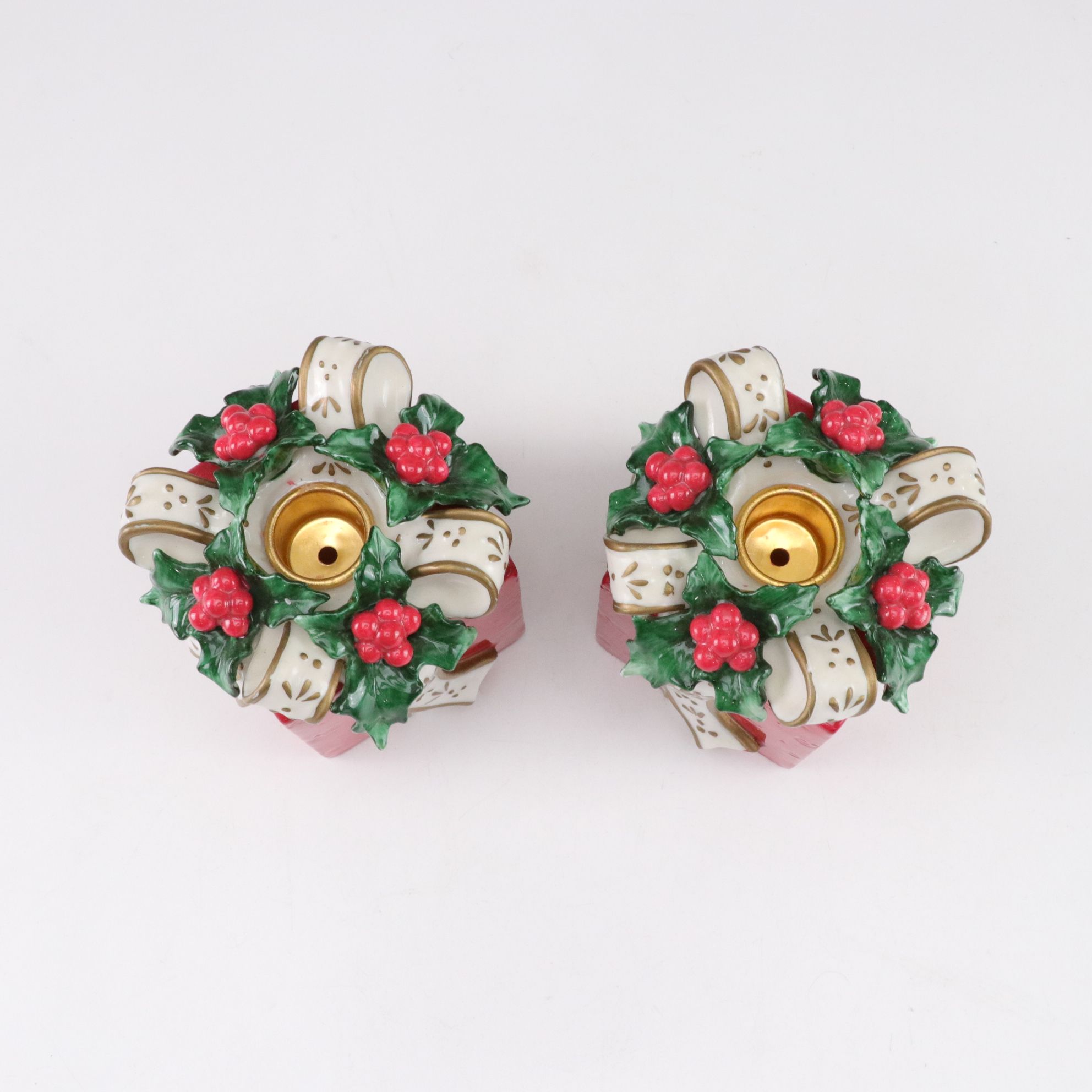 Fused Art Glass "Holly Leaf" Platter with Wine Glasses & "Gift Box" Candlesticks