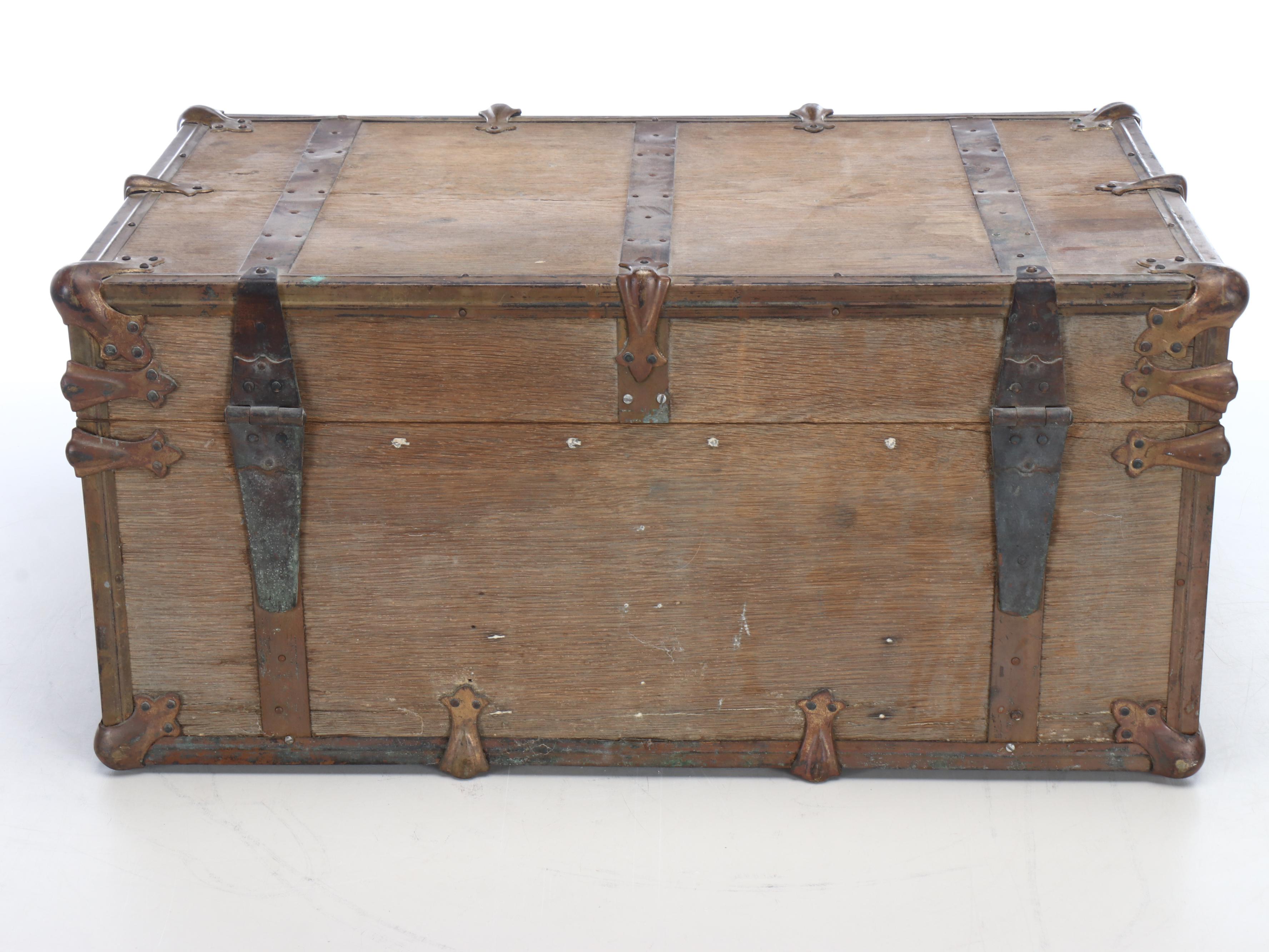 Victorian Wooden Metal Banded Flat Top Trunk, 19th Century