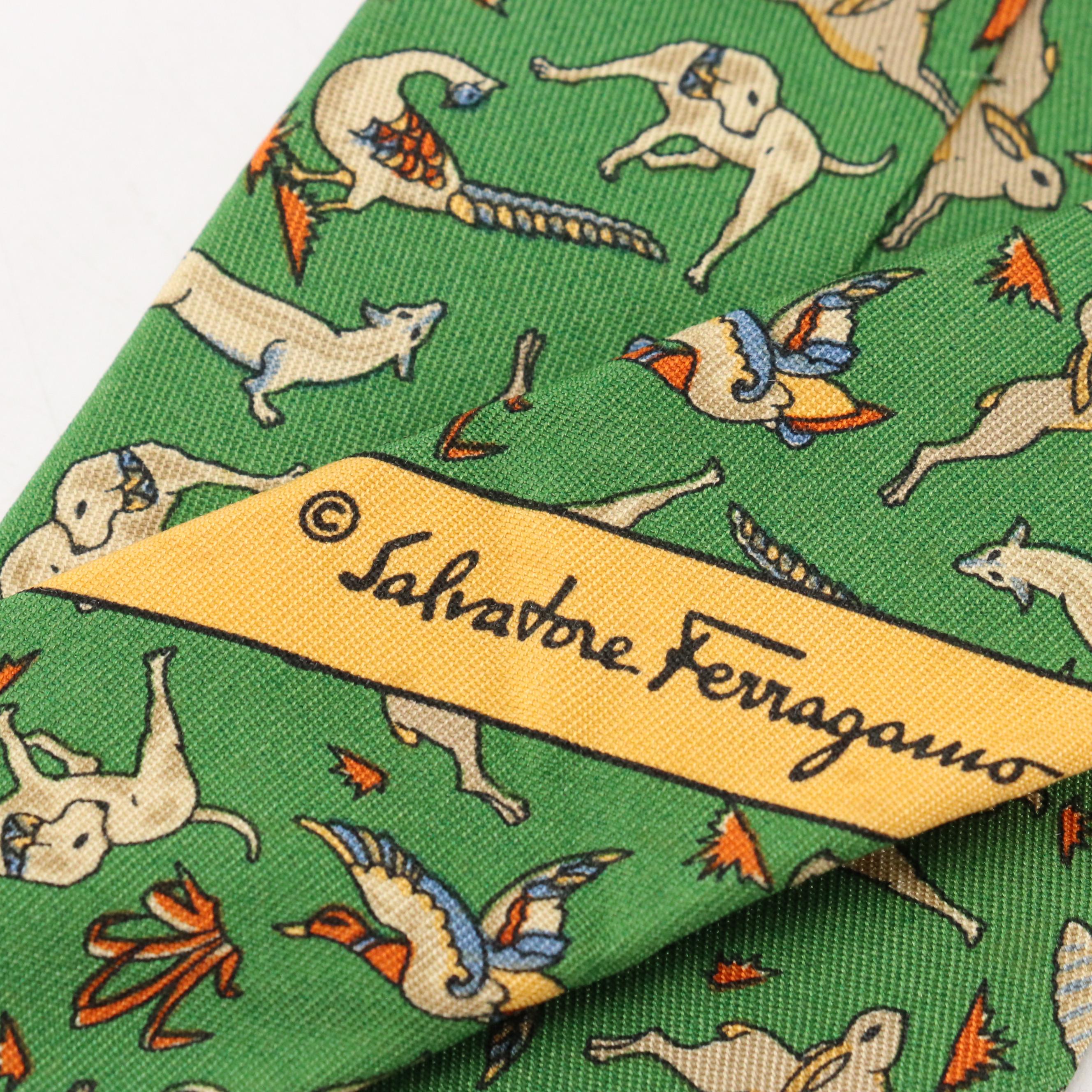 Salvatore Ferragamo Hunting Dog Motif Silk Twill Necktie