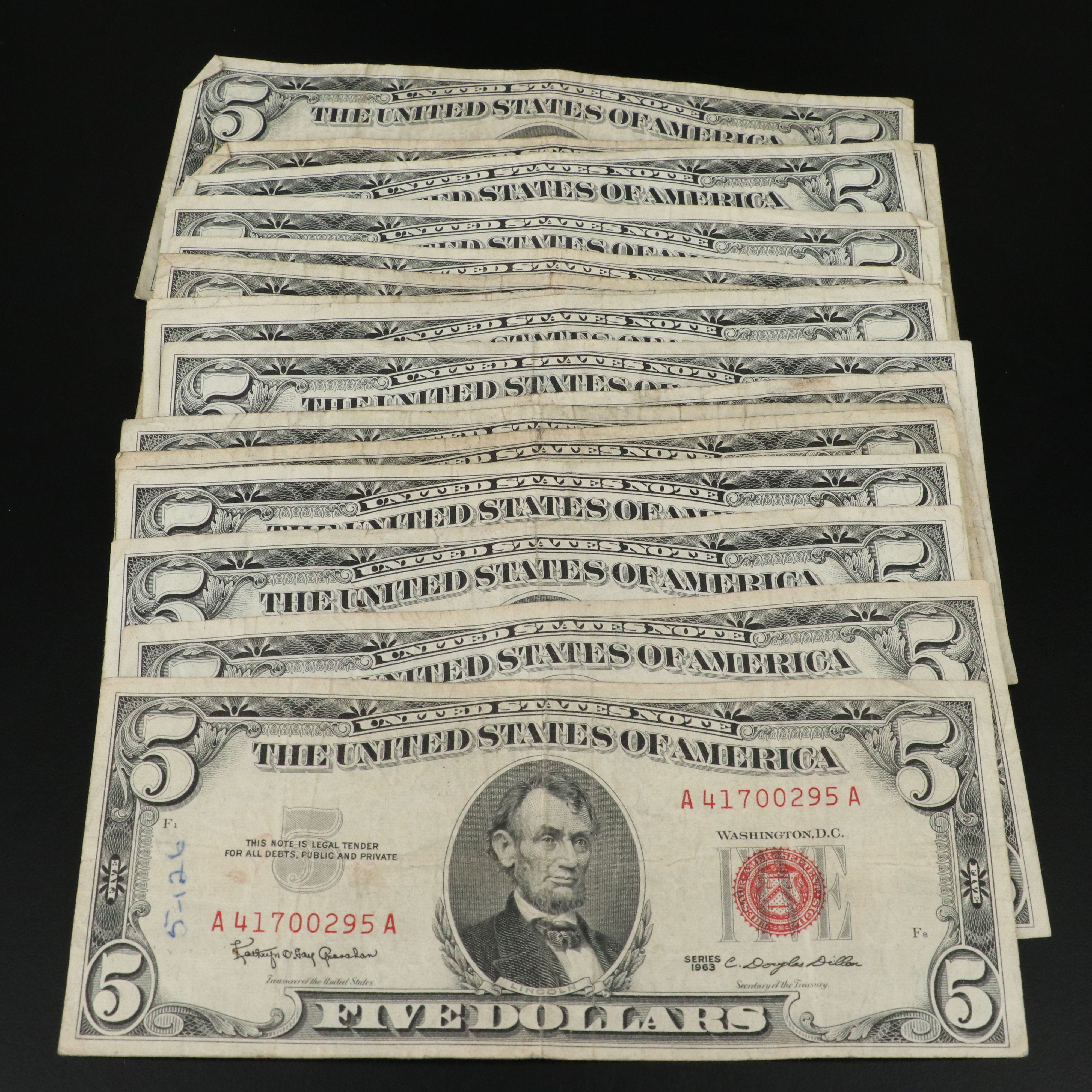 Sixteen Small Size Five Dollar Red Seal Legal Tender Notes