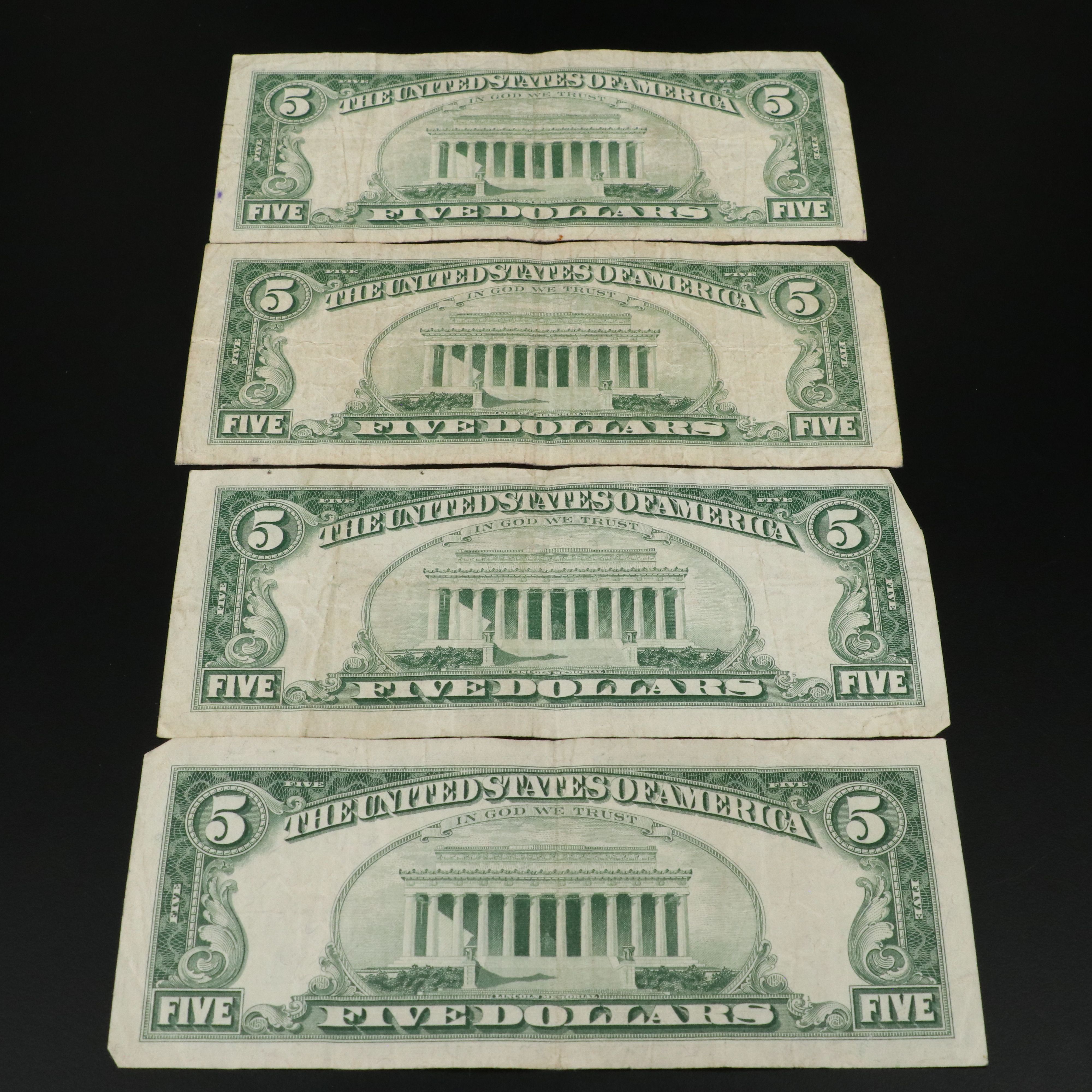 Sixteen Small Size Five Dollar Red Seal Legal Tender Notes