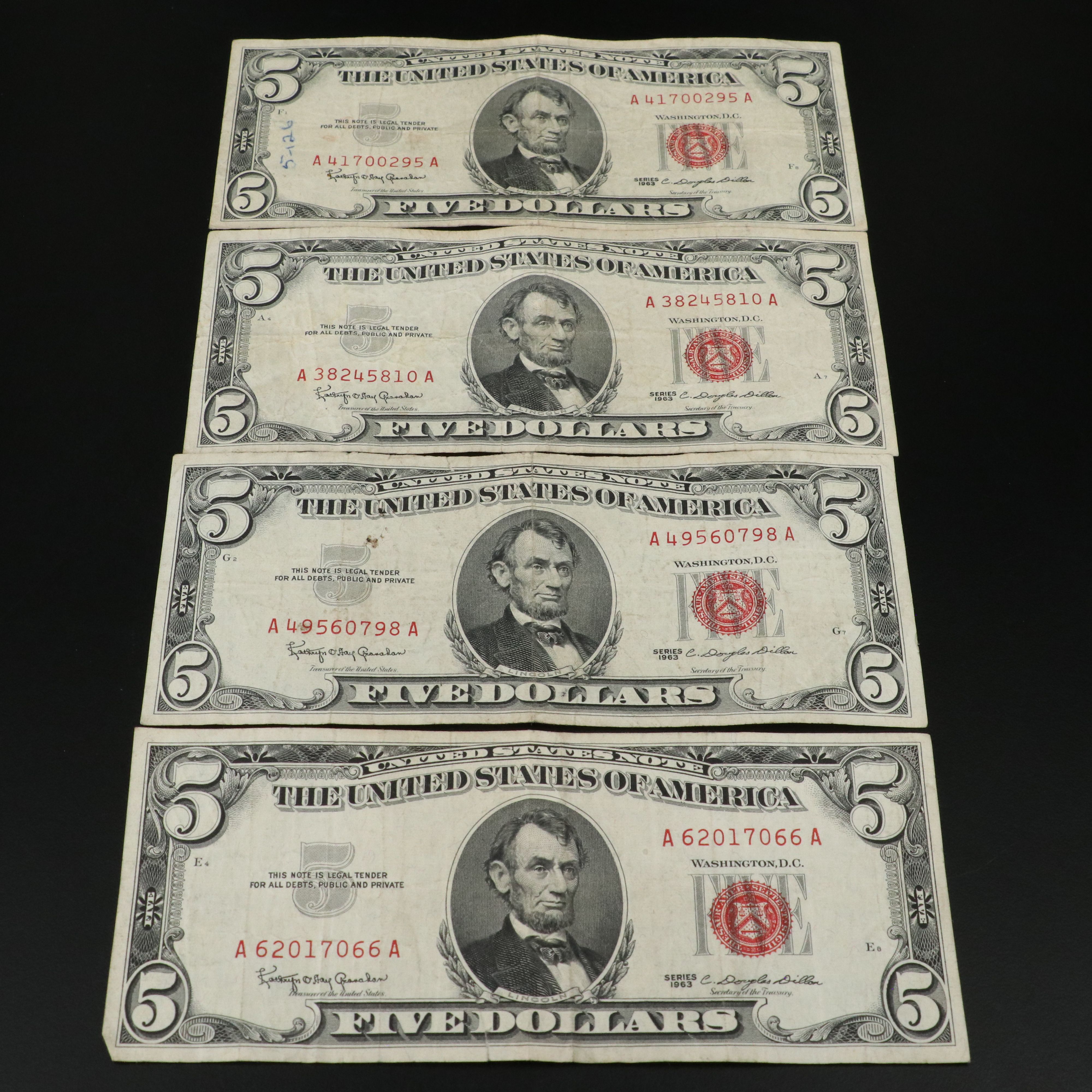 Sixteen Small Size Five Dollar Red Seal Legal Tender Notes