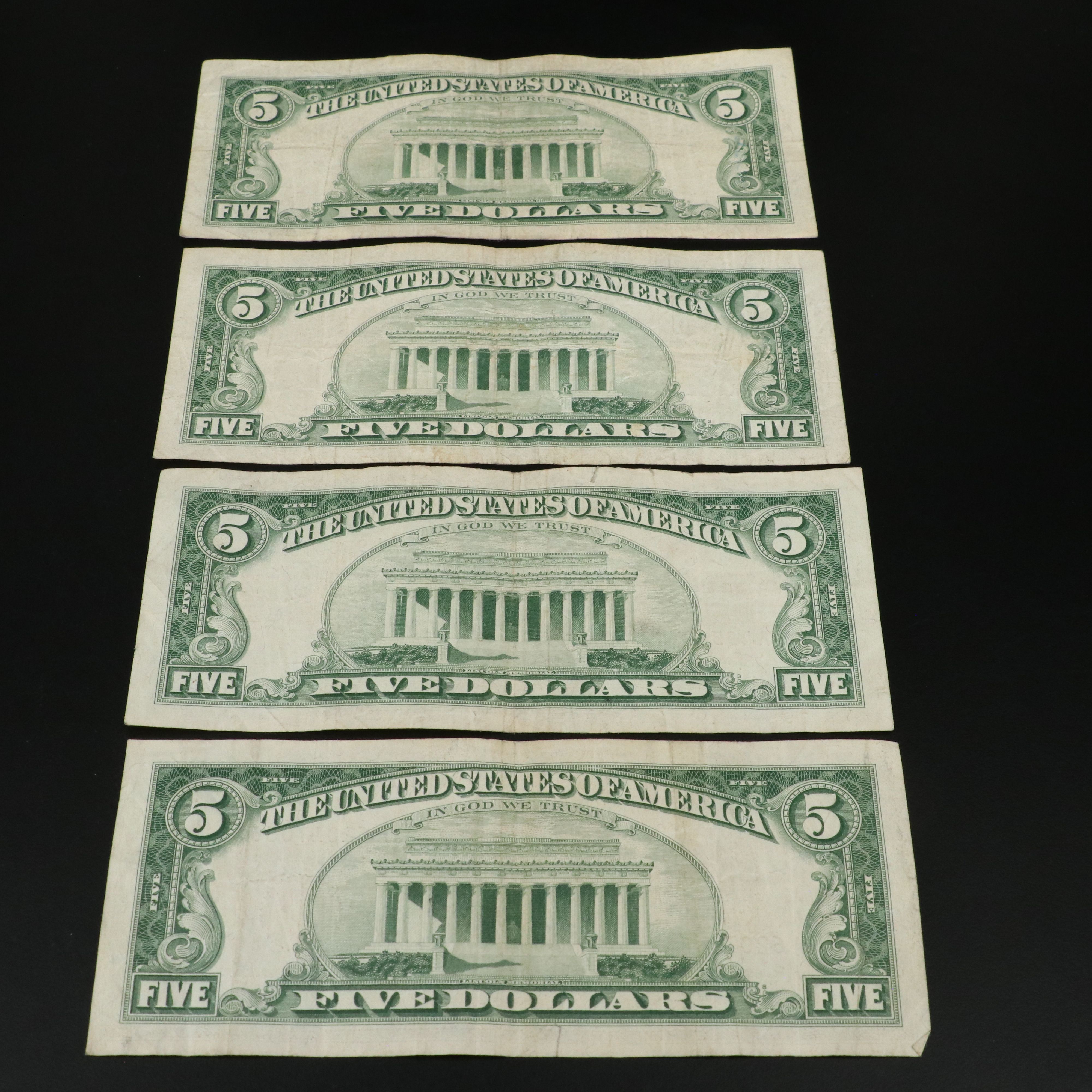 Sixteen Small Size Five Dollar Red Seal Legal Tender Notes