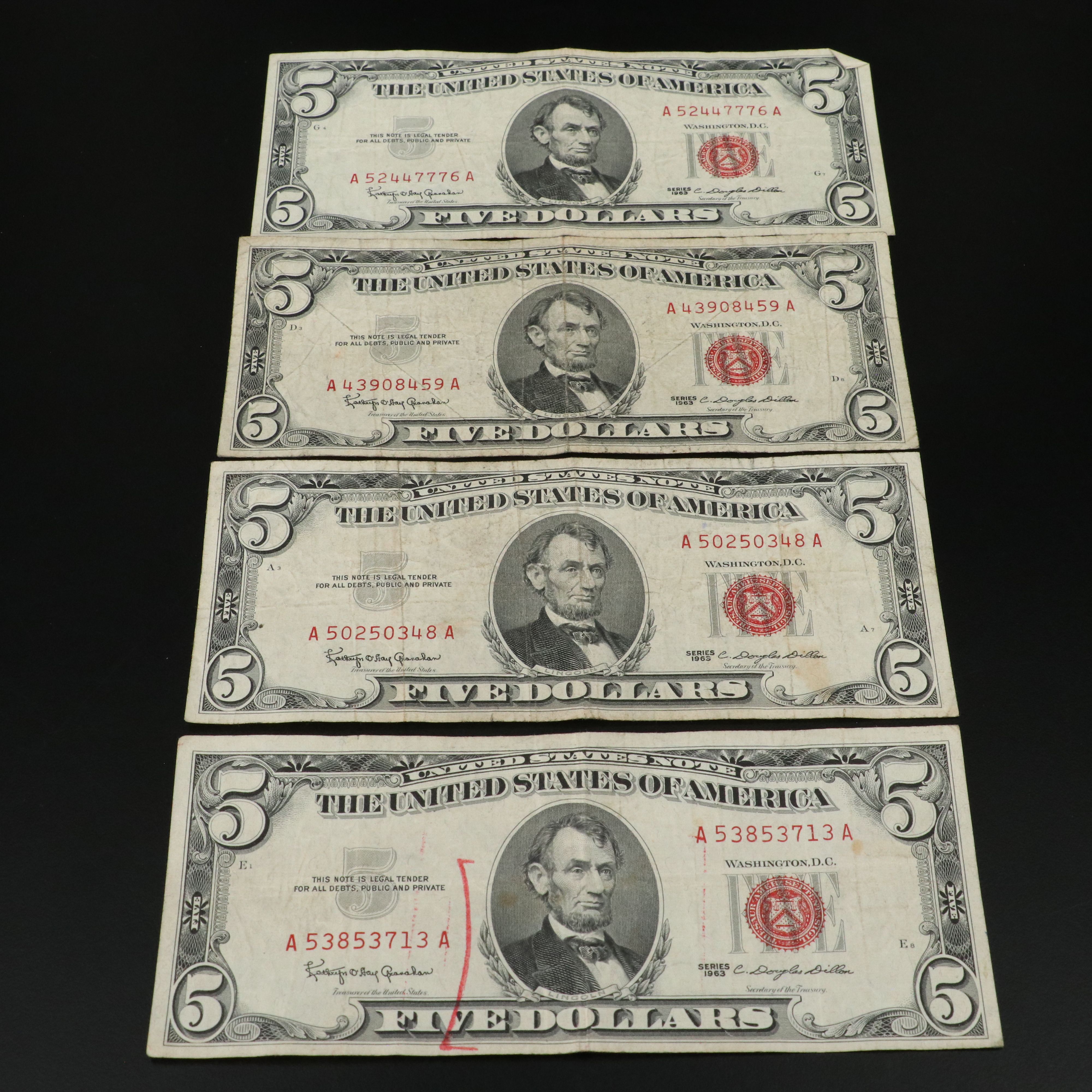 Sixteen Small Size Five Dollar Red Seal Legal Tender Notes