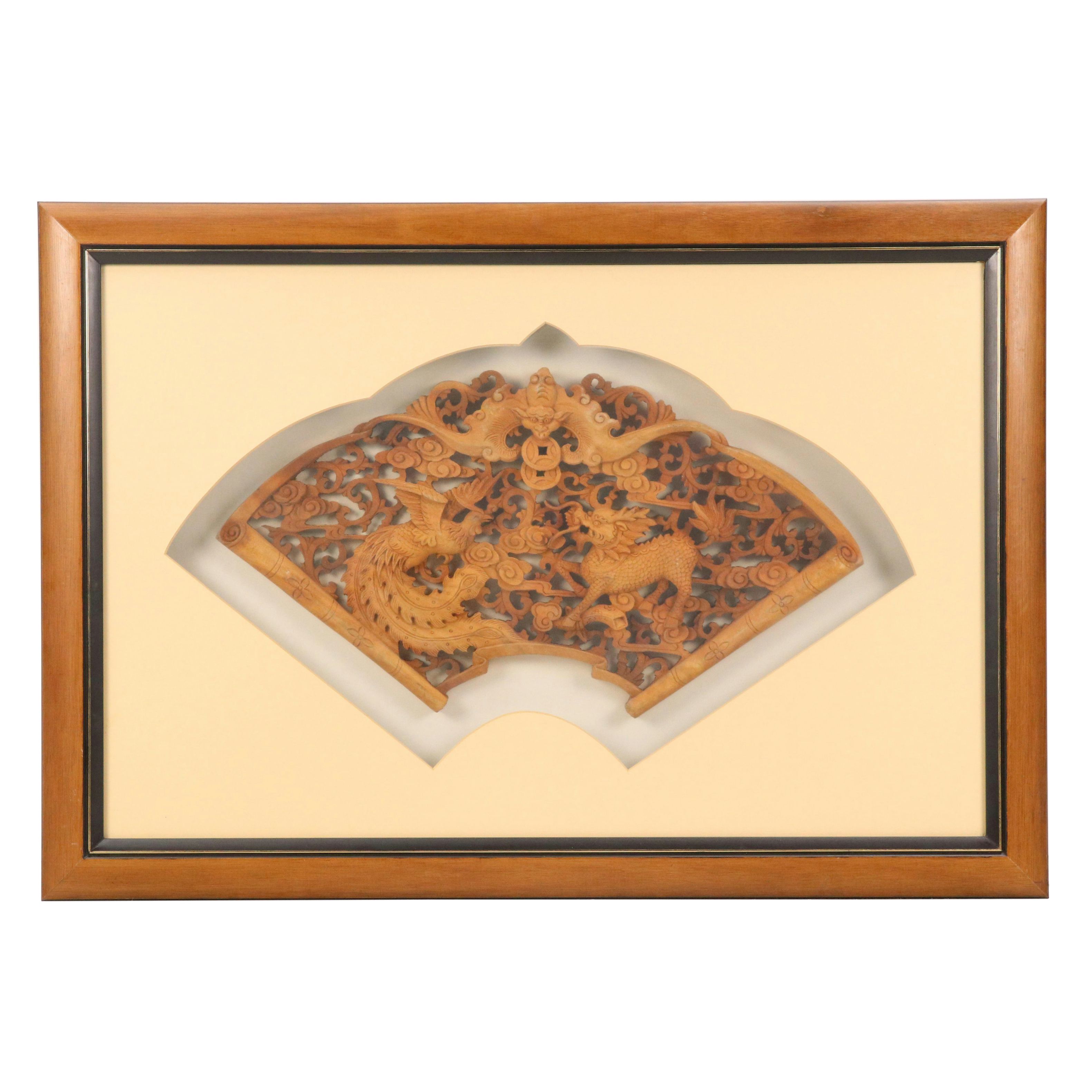 Chinese Carved Wood Panel with Dragons, Phoenixes, and Flower Motifs