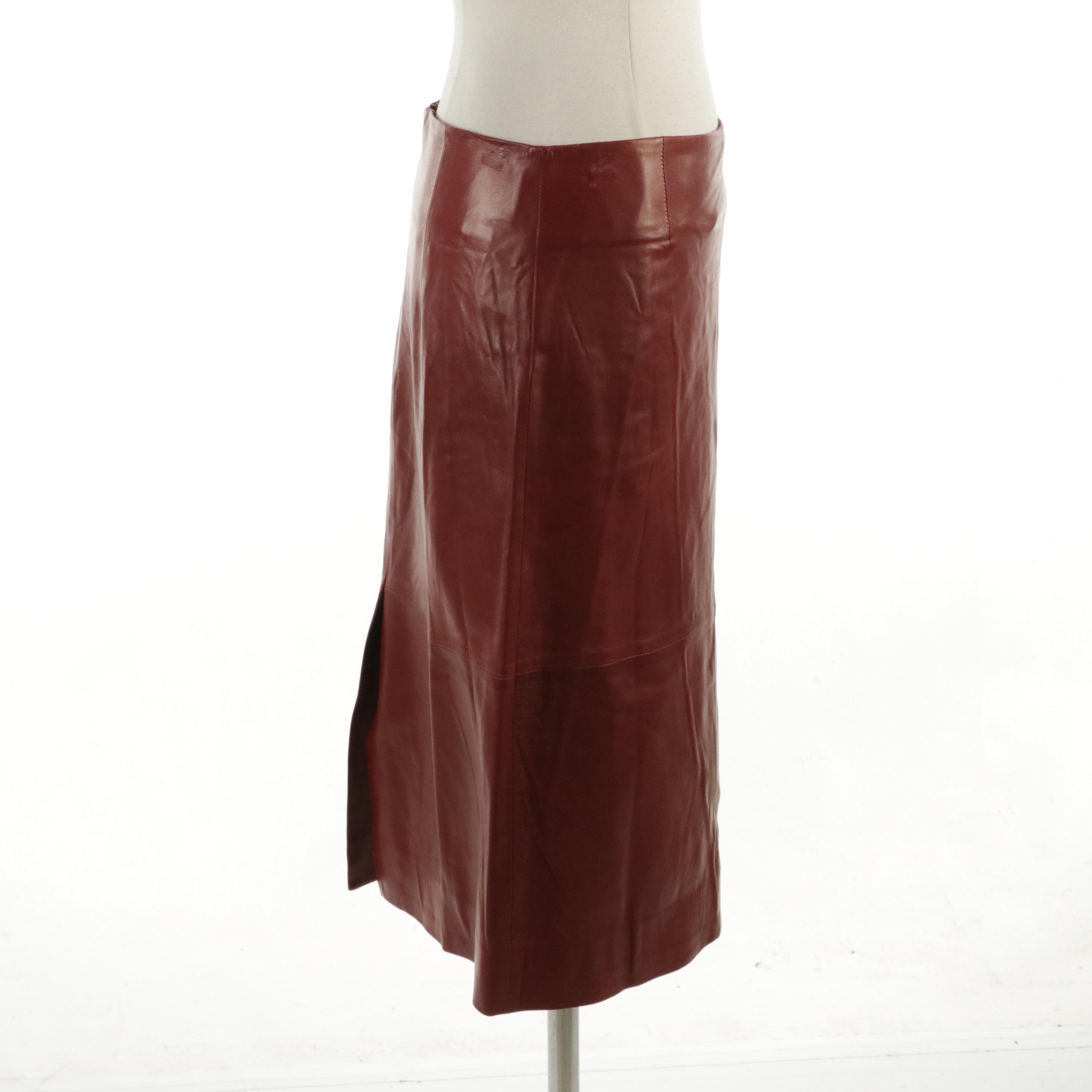 Carolina Herrera Burgundy Lambskin Leather Pencil Skirt