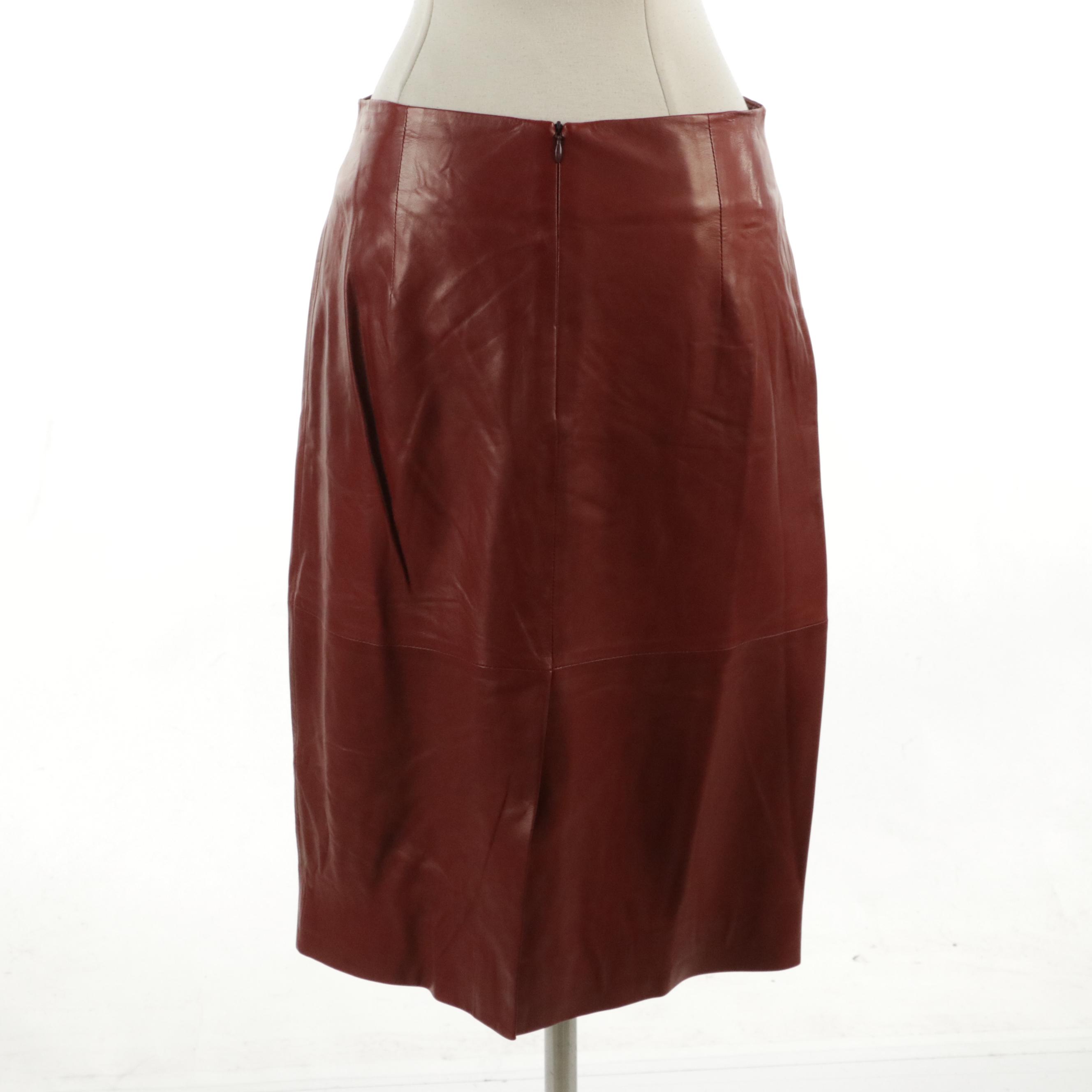 Carolina Herrera Burgundy Lambskin Leather Pencil Skirt