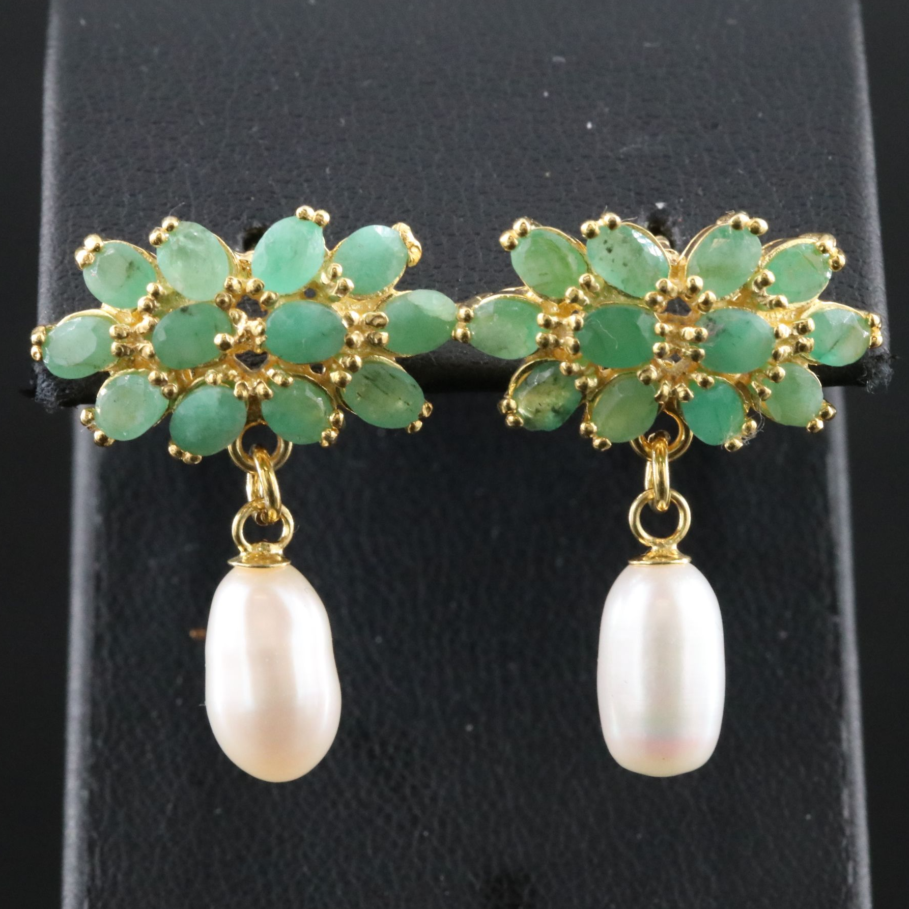 Sterling Emerald and Pearl Drop Earrings