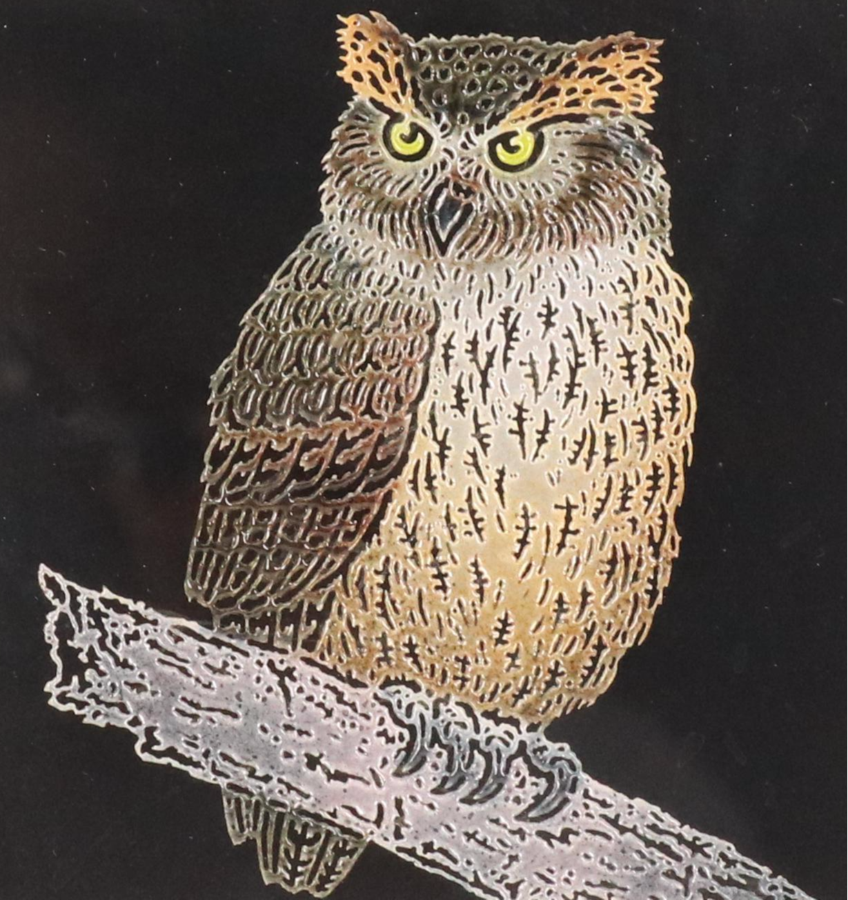 Mixed Media Panel of Great Horned Owl