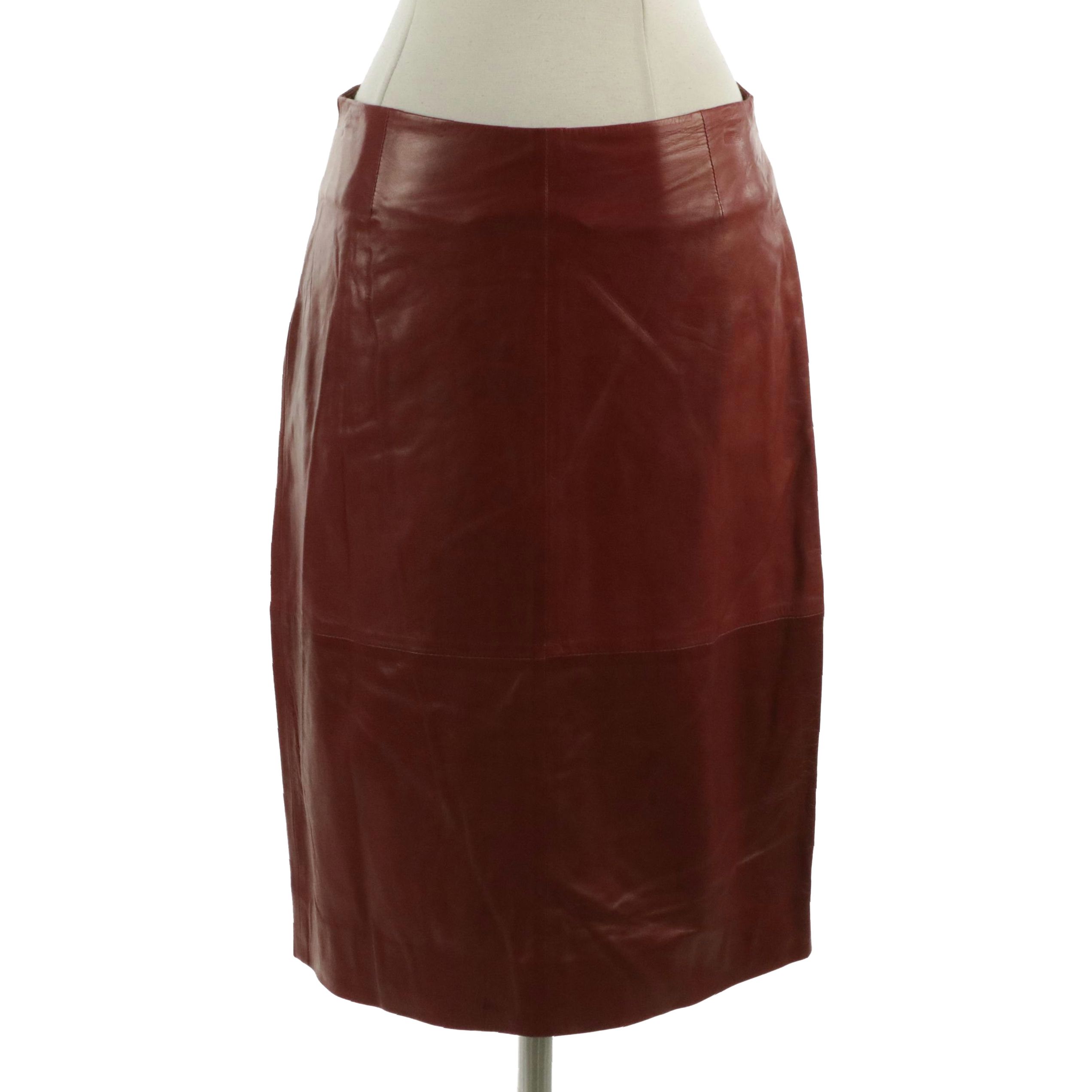 Carolina Herrera Burgundy Lambskin Leather Pencil Skirt