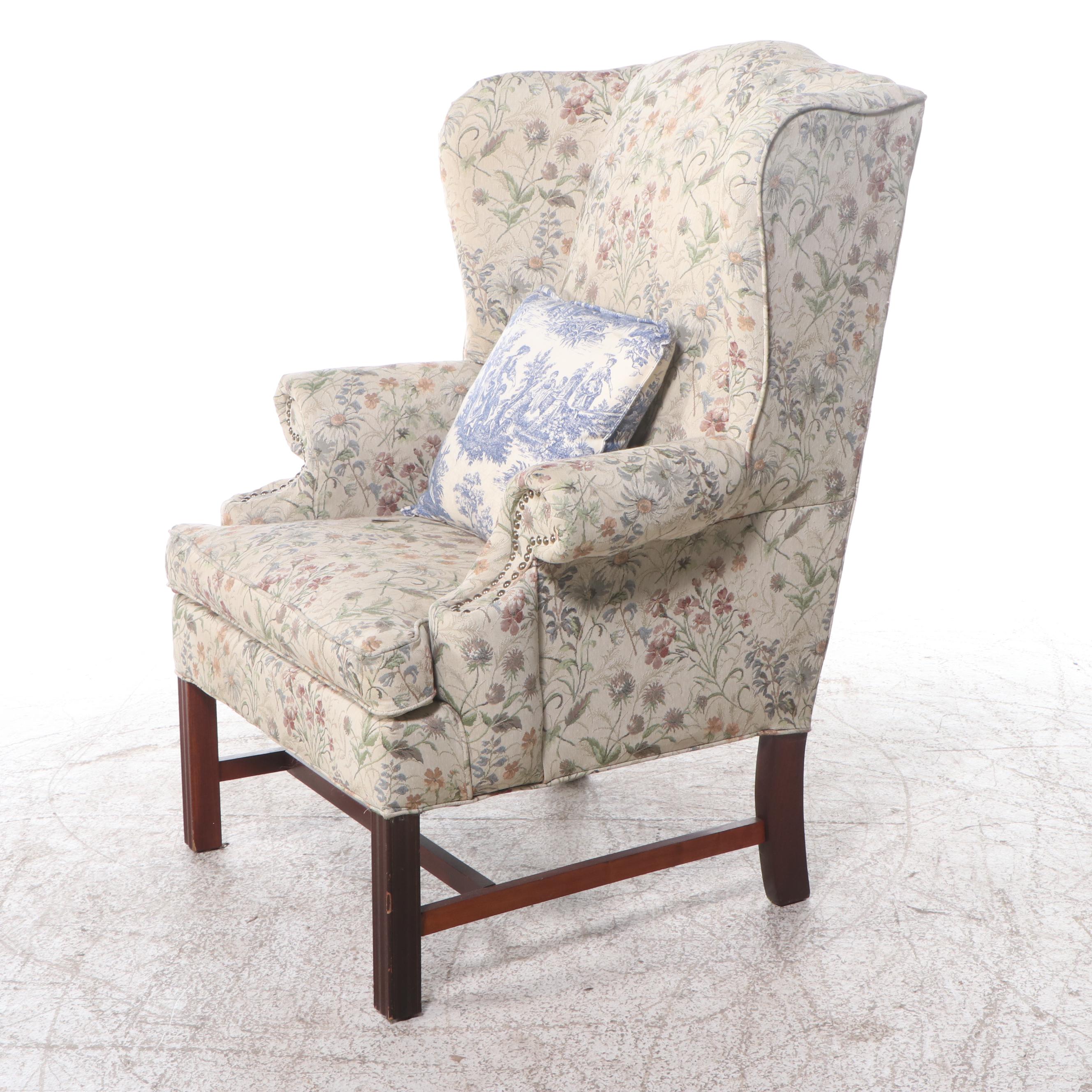 Pair of Wild Flower Upholstered Wingback Armchairs