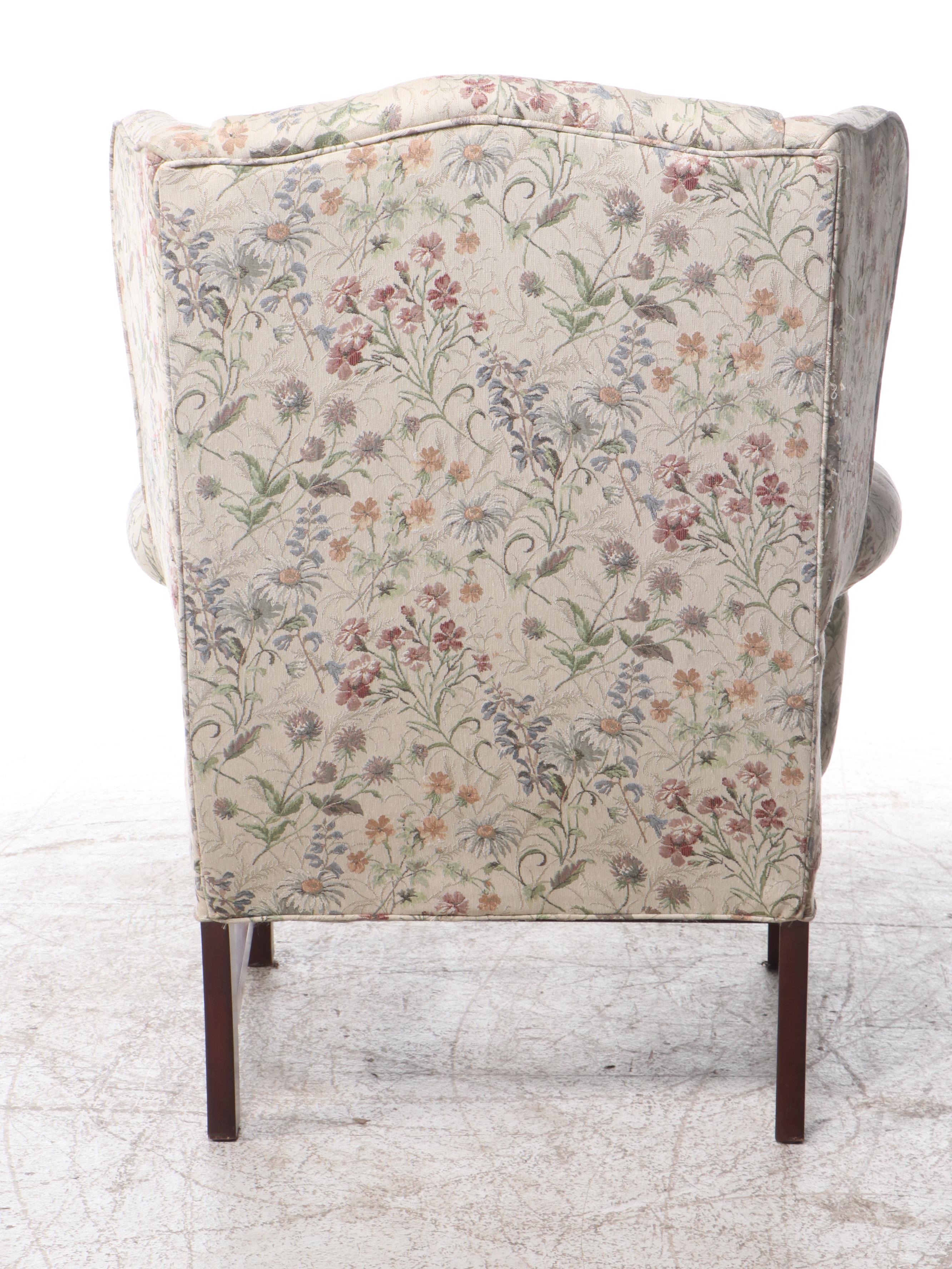 Pair of Wild Flower Upholstered Wingback Armchairs