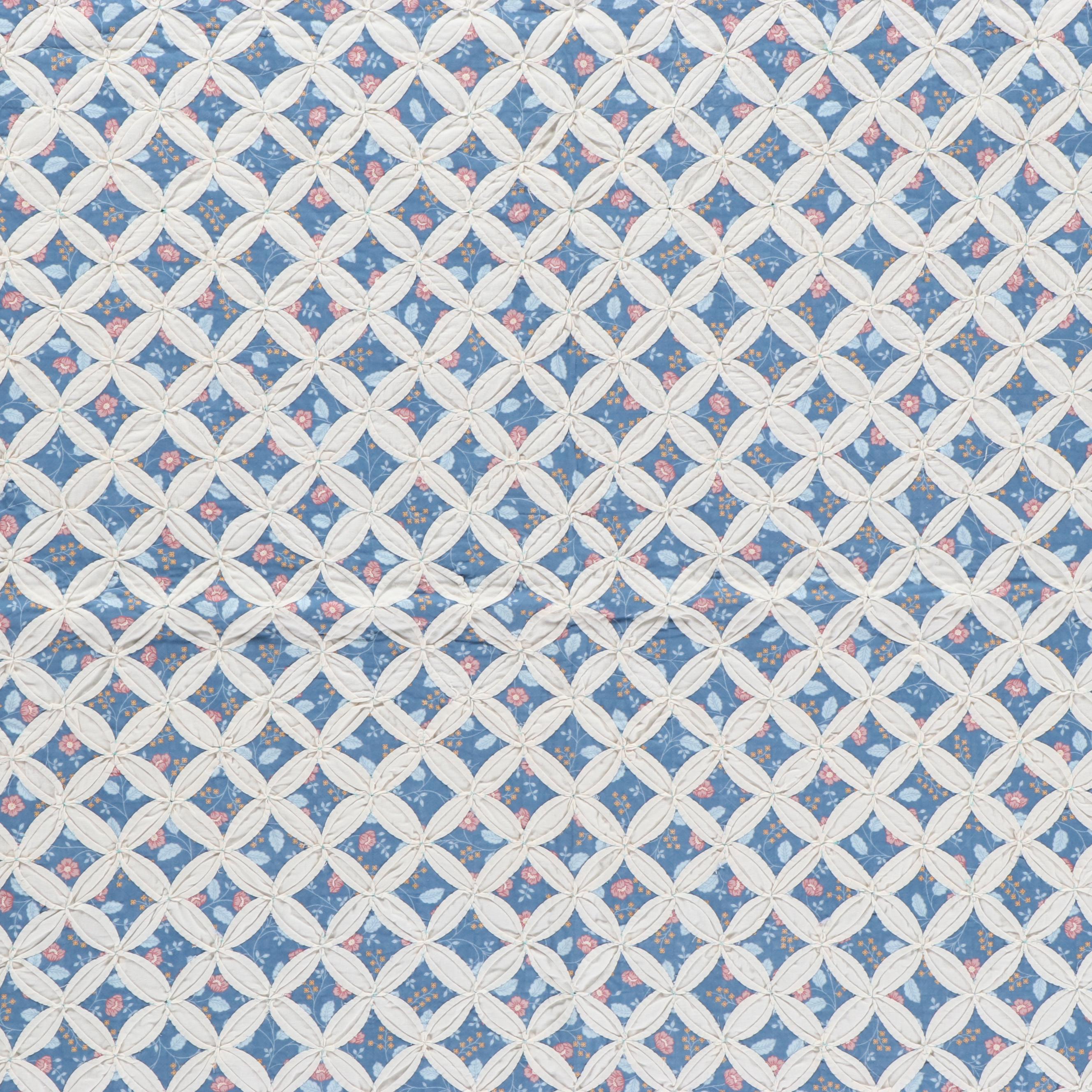 Handmade Blue Flower Print "Cathedral Window" Hand-Stitched Quilt