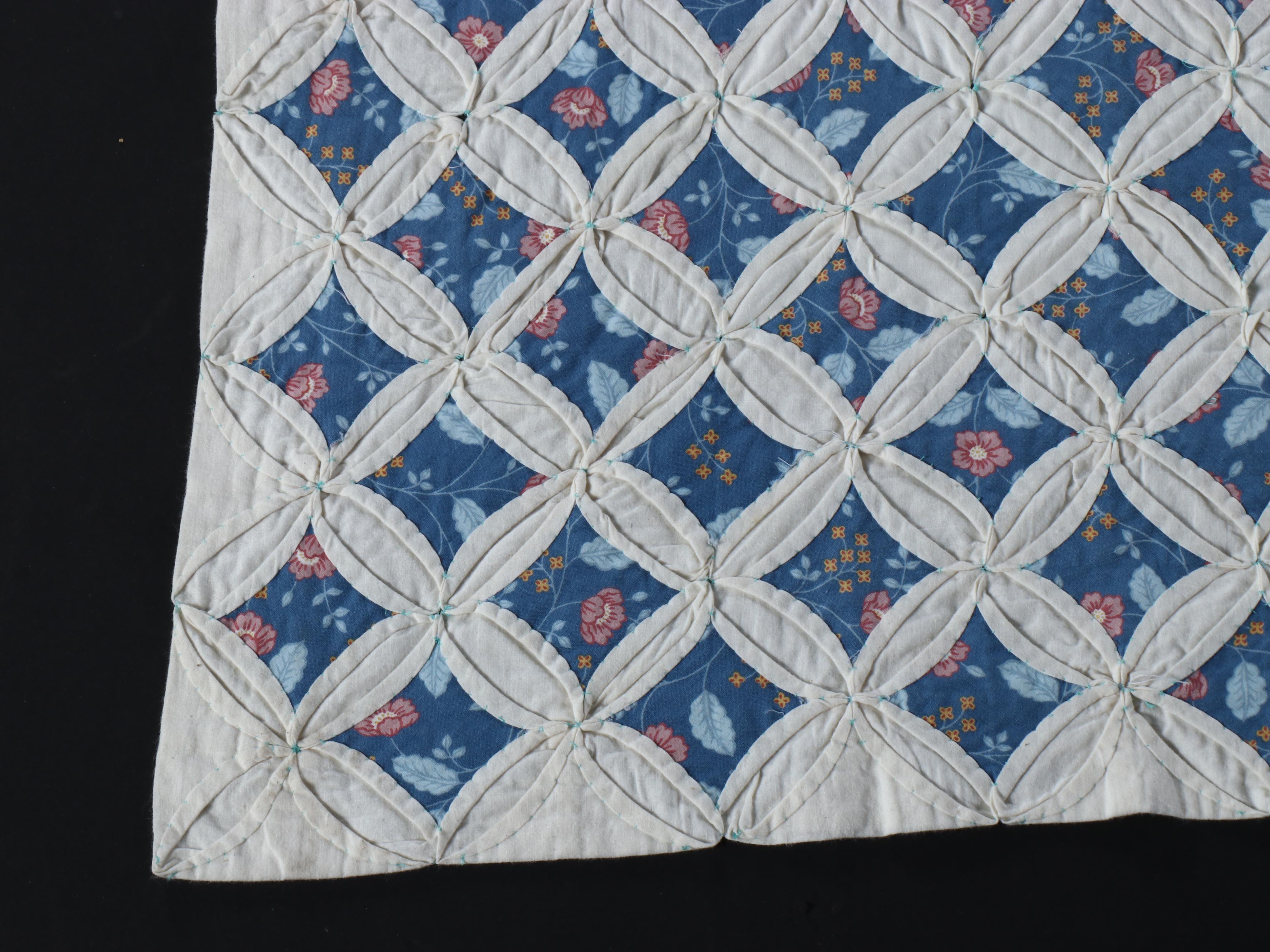 Handmade Blue Flower Print "Cathedral Window" Hand-Stitched Quilt