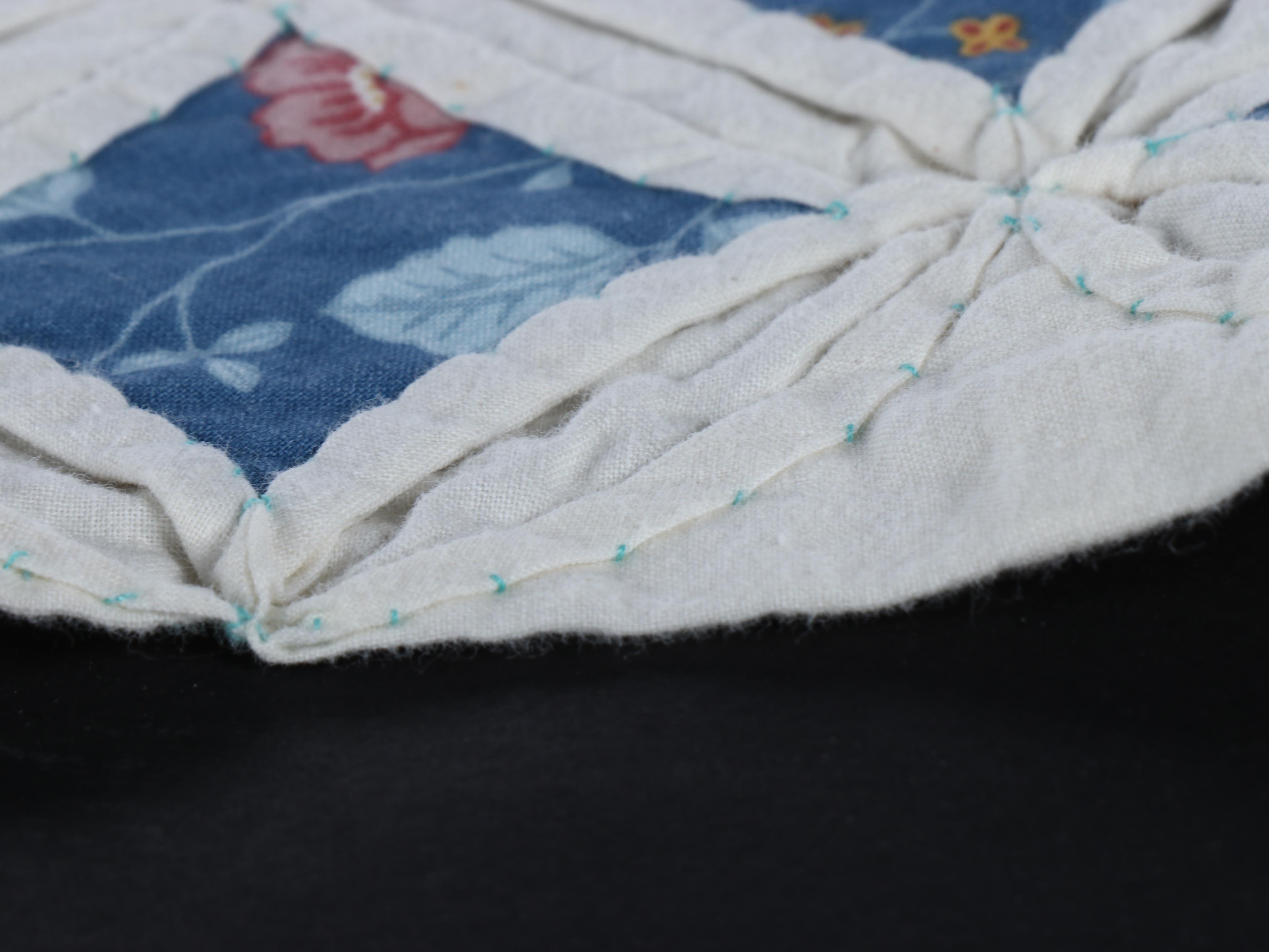 Handmade Blue Flower Print "Cathedral Window" Hand-Stitched Quilt