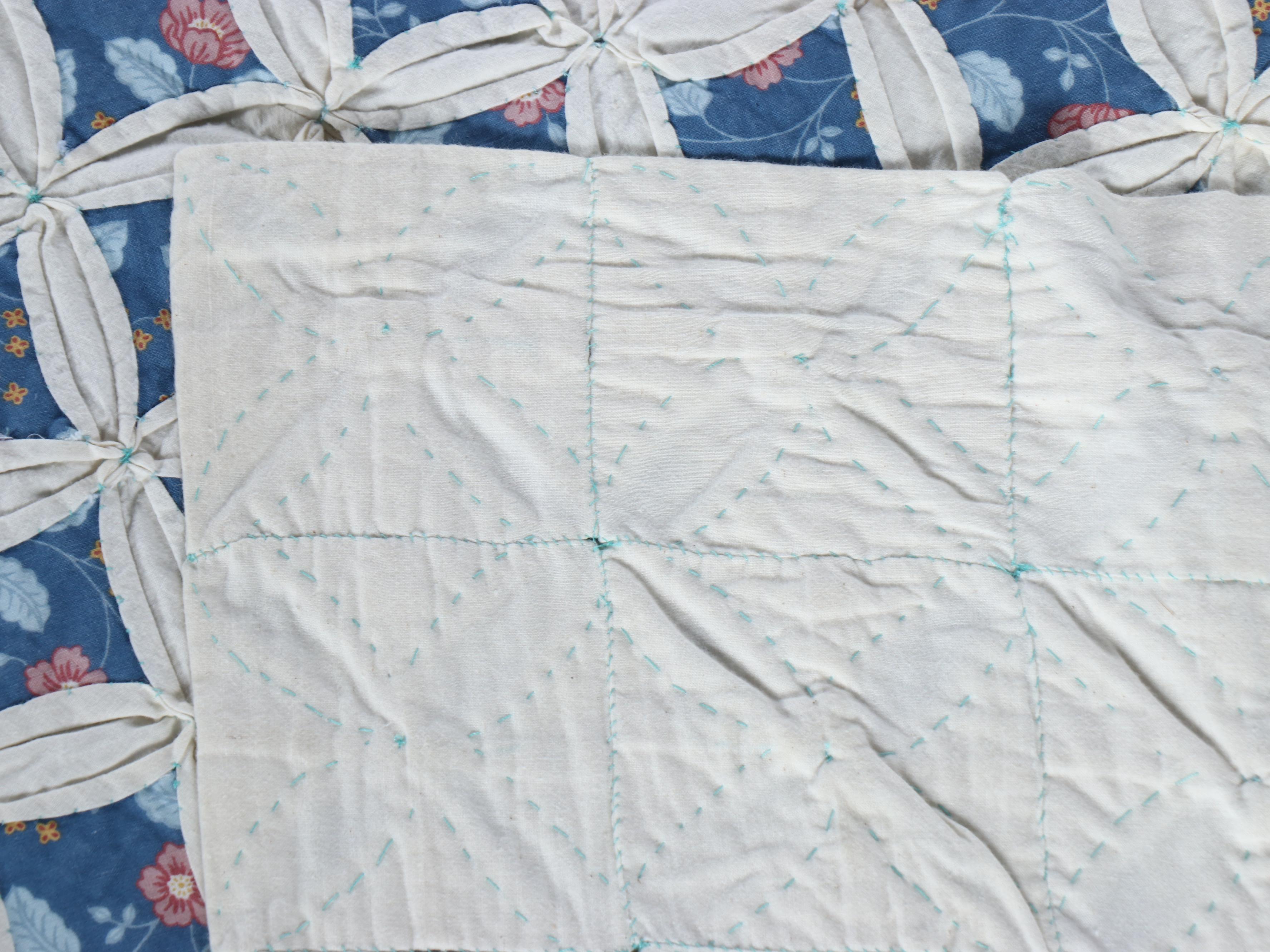 Handmade Blue Flower Print "Cathedral Window" Hand-Stitched Quilt