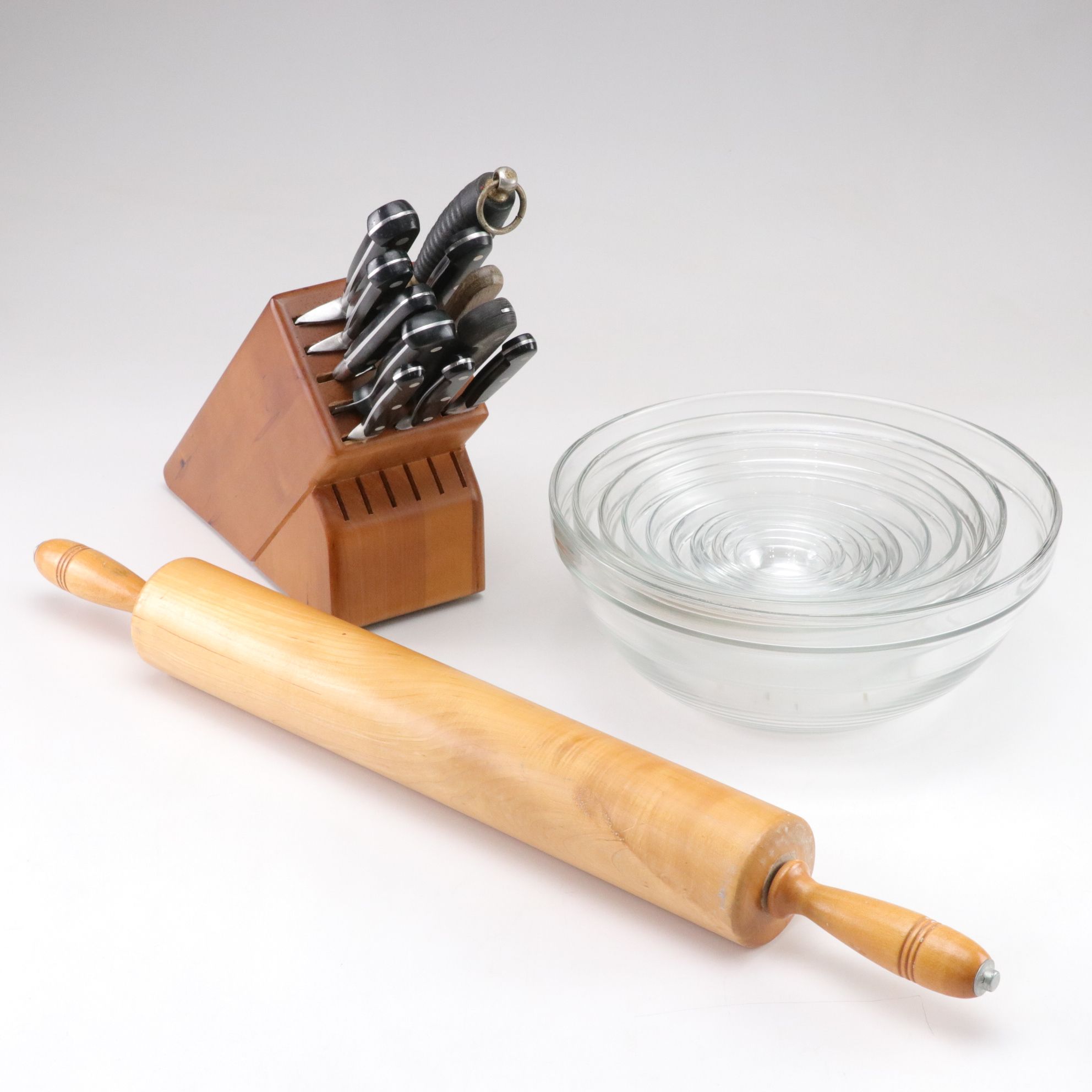 Glass Mixing Bowls, Knife Set & Rolling Pin