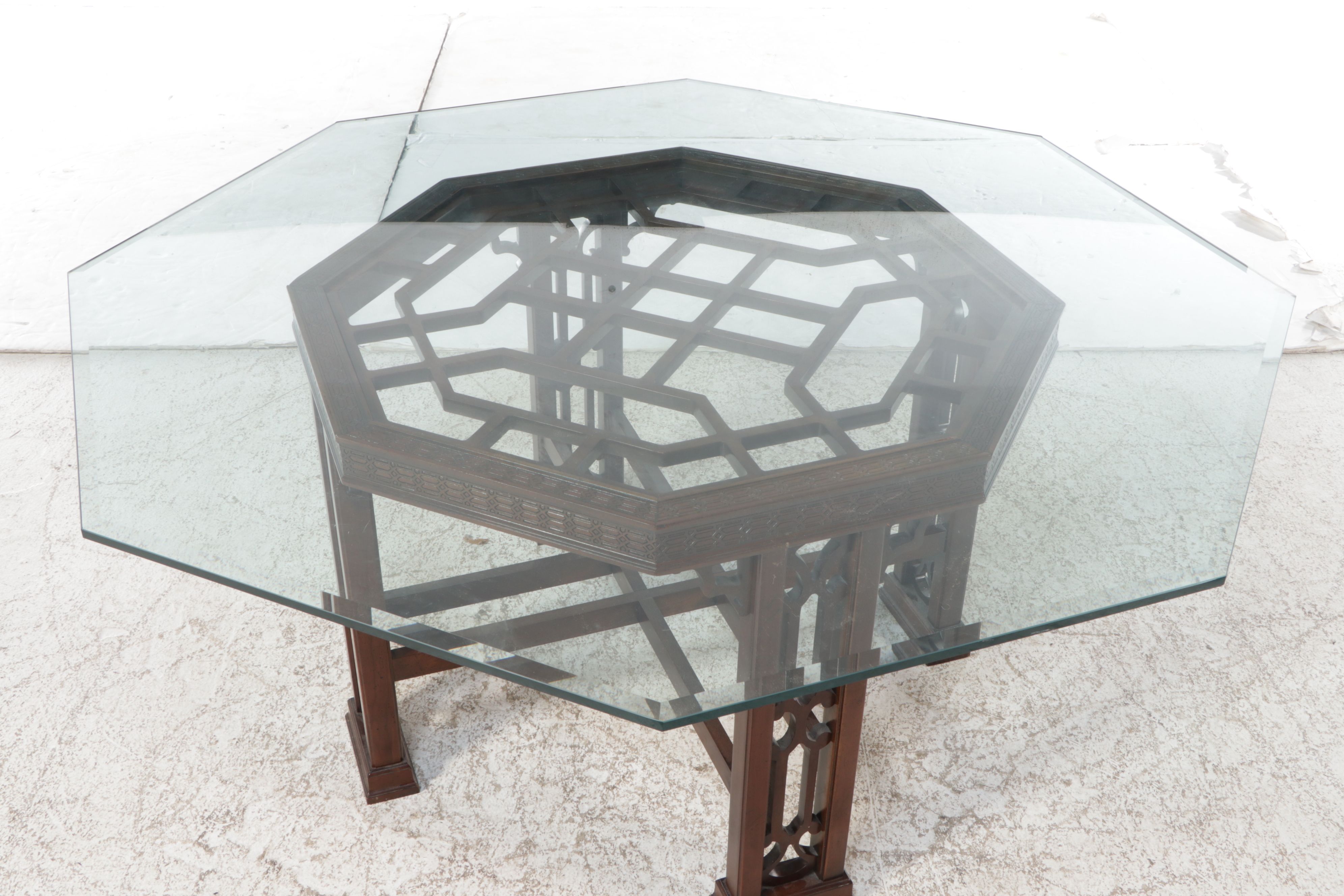 Thomasville Chinese Style Mahogany Dining Table with Glass Top